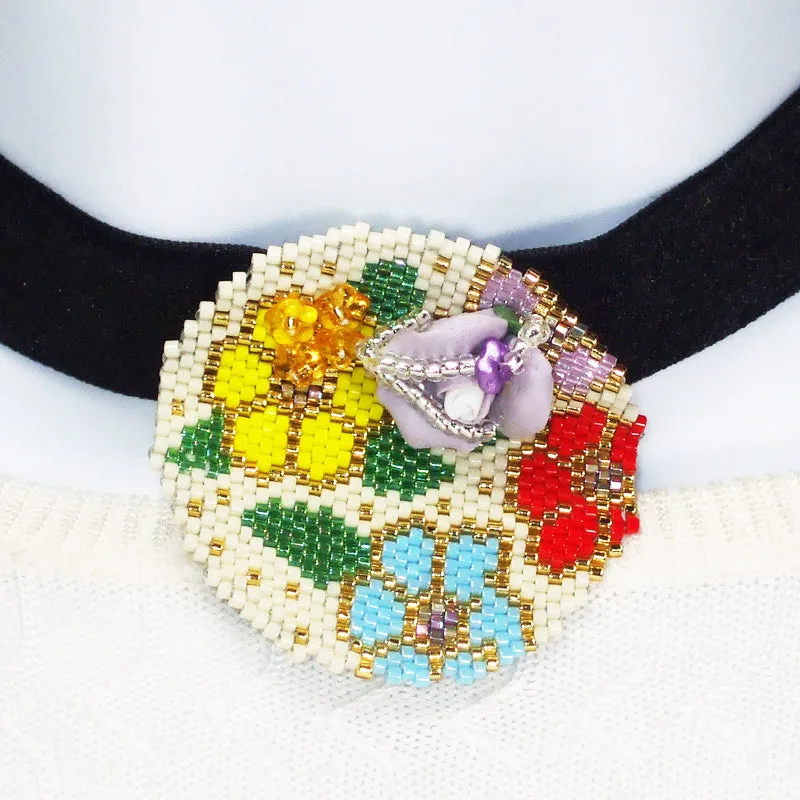 Fatimah, Multi Color, Seed Beaded Floral Pattern, Ribbon Choker, Necklace