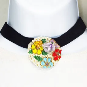 Fatimah, Multi Color, Seed Beaded Floral Pattern, Ribbon Choker, Necklace