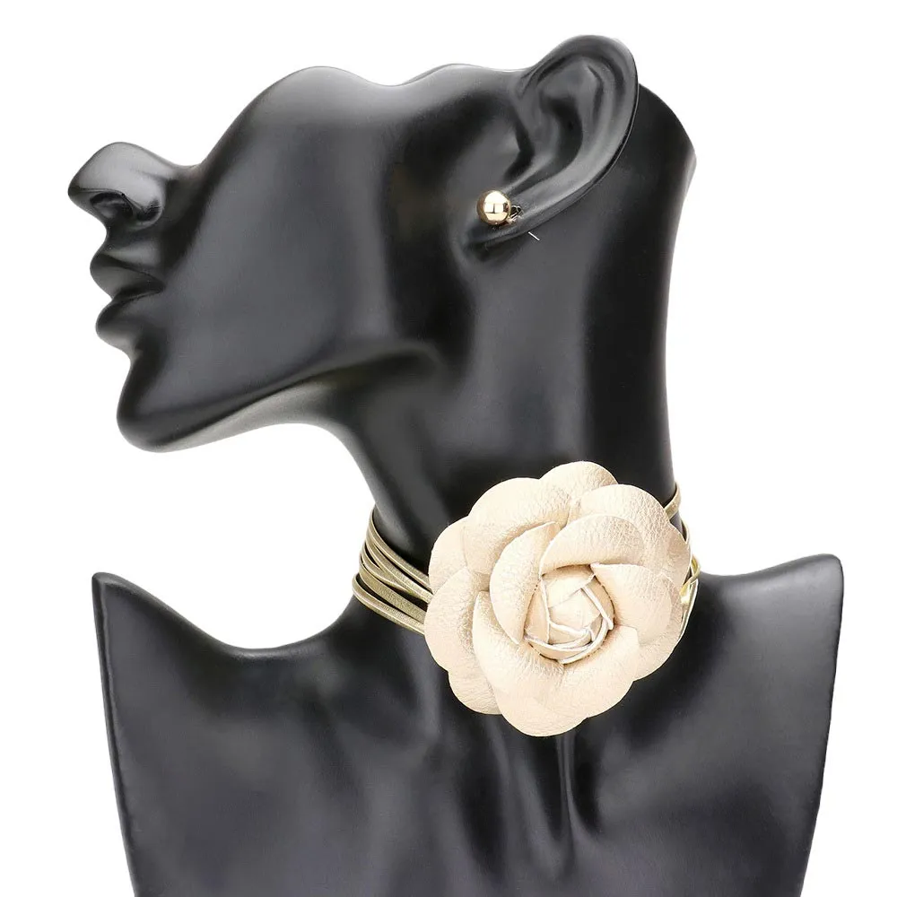 Faux Leather Flower Wrapped Choker Jewelry Set