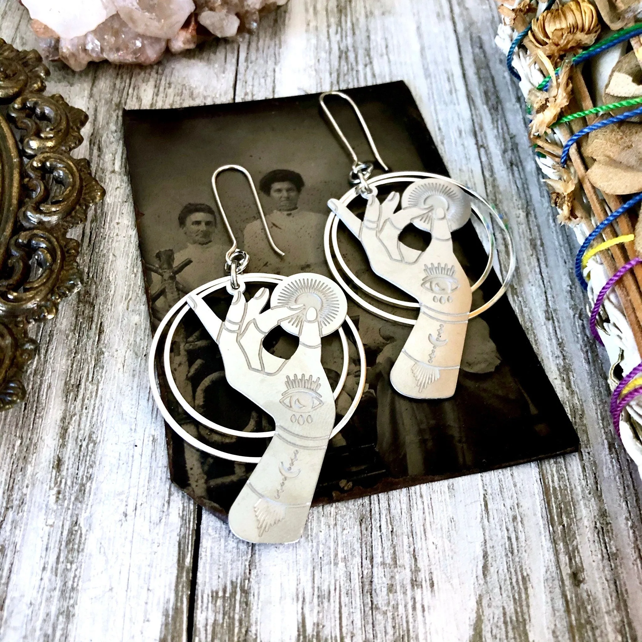 Fortune Teller Earrings Sterling Silver & Stainless Steel Earrings/  Evil Eye Moon Earrings  - Long Dangly Geometric Earrings