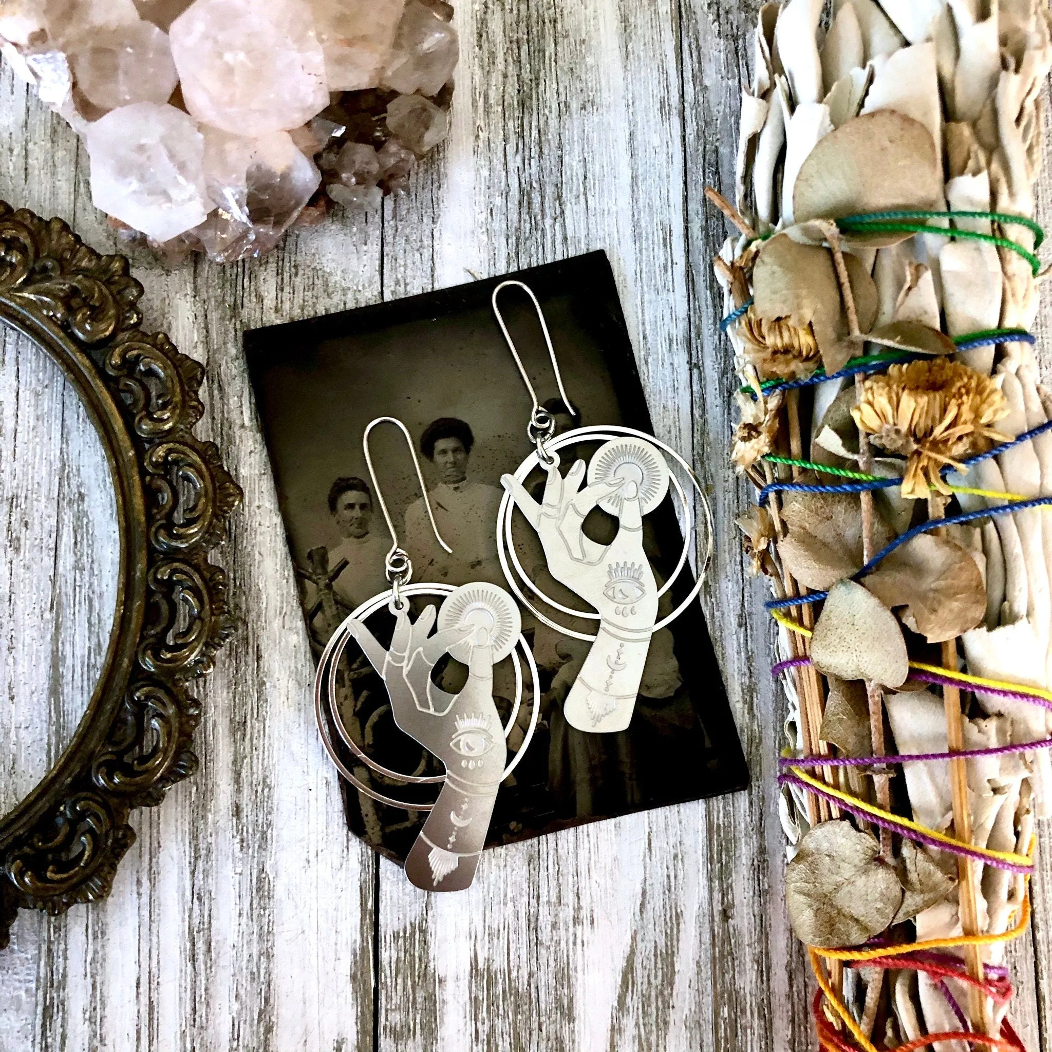 Fortune Teller Earrings Sterling Silver & Stainless Steel Earrings/  Evil Eye Moon Earrings  - Long Dangly Geometric Earrings