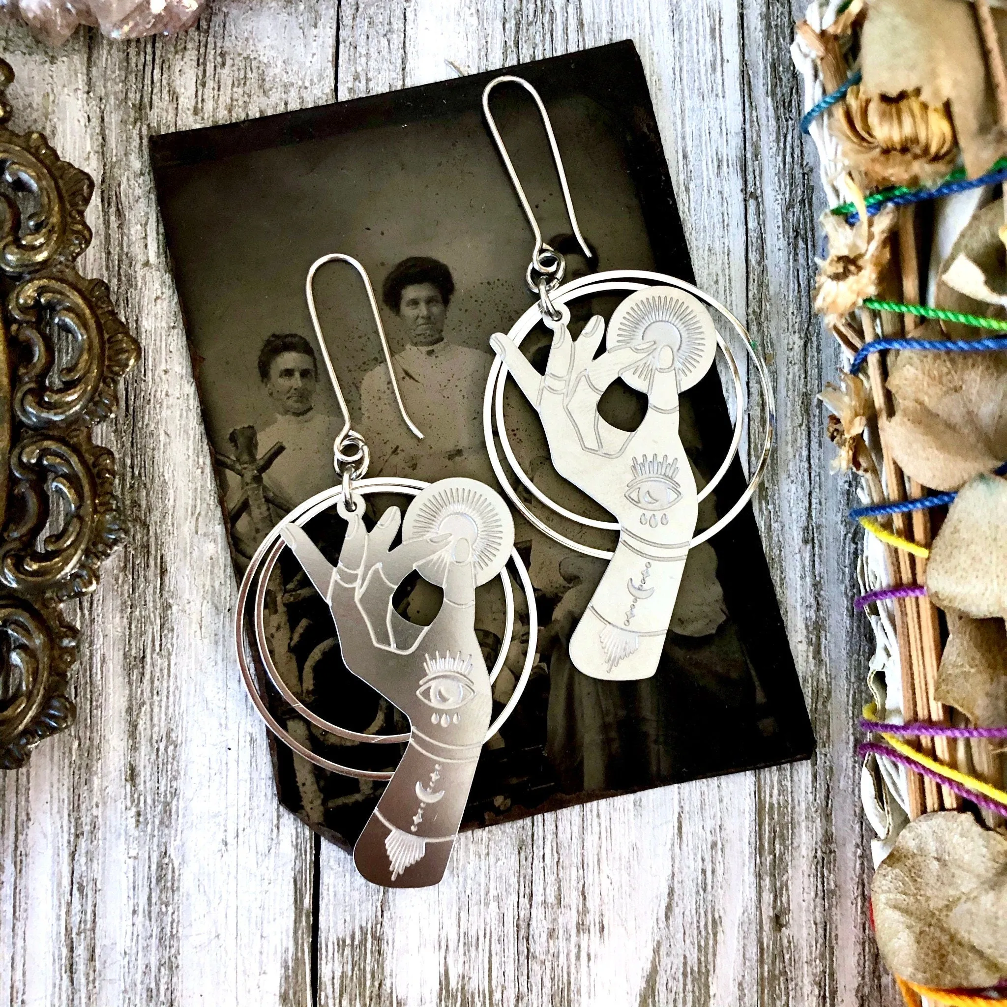 Fortune Teller Earrings Sterling Silver & Stainless Steel Earrings/  Evil Eye Moon Earrings  - Long Dangly Geometric Earrings