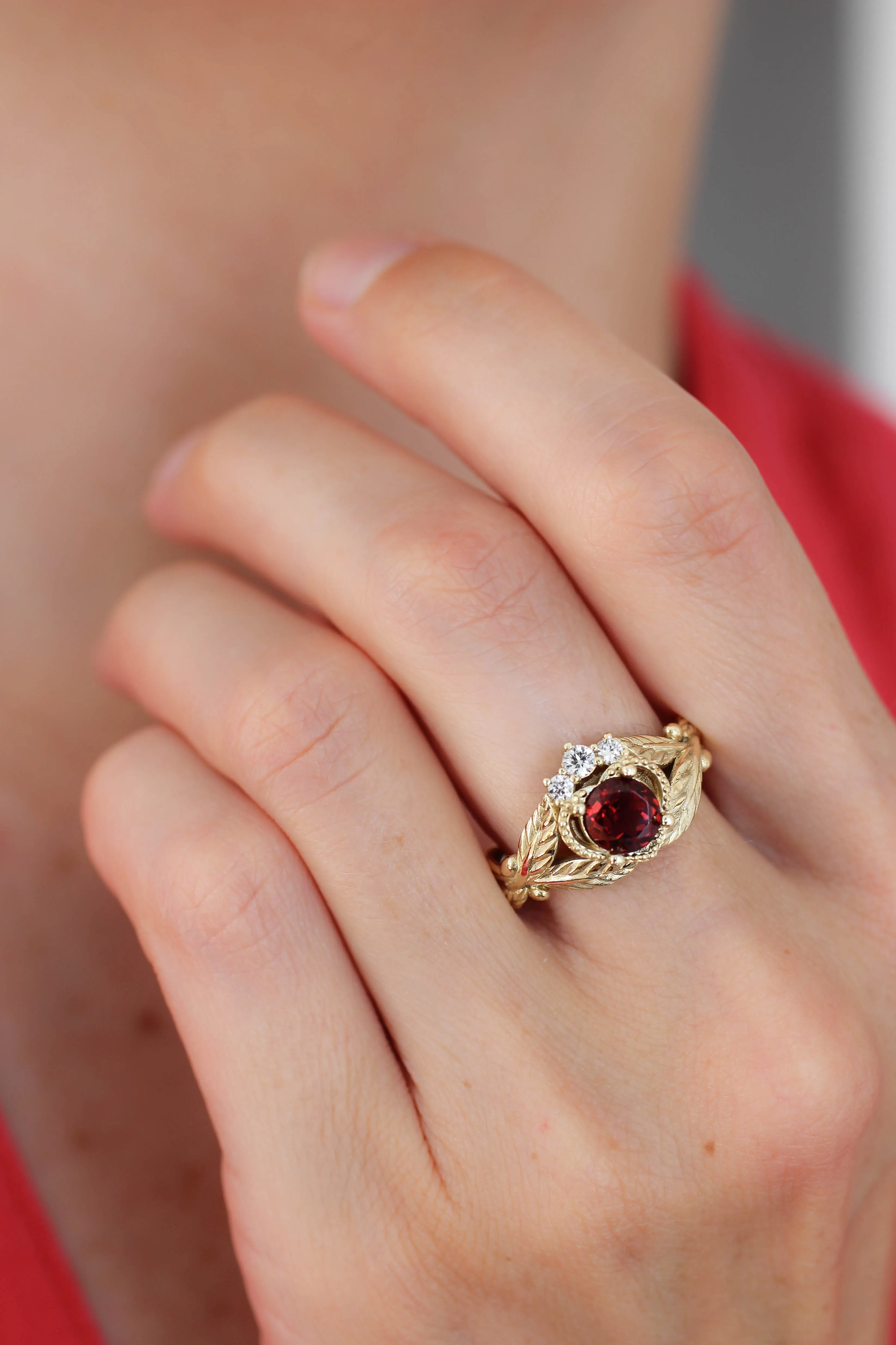 Garnet heart and diamonds engagement ring, Claddagh ring