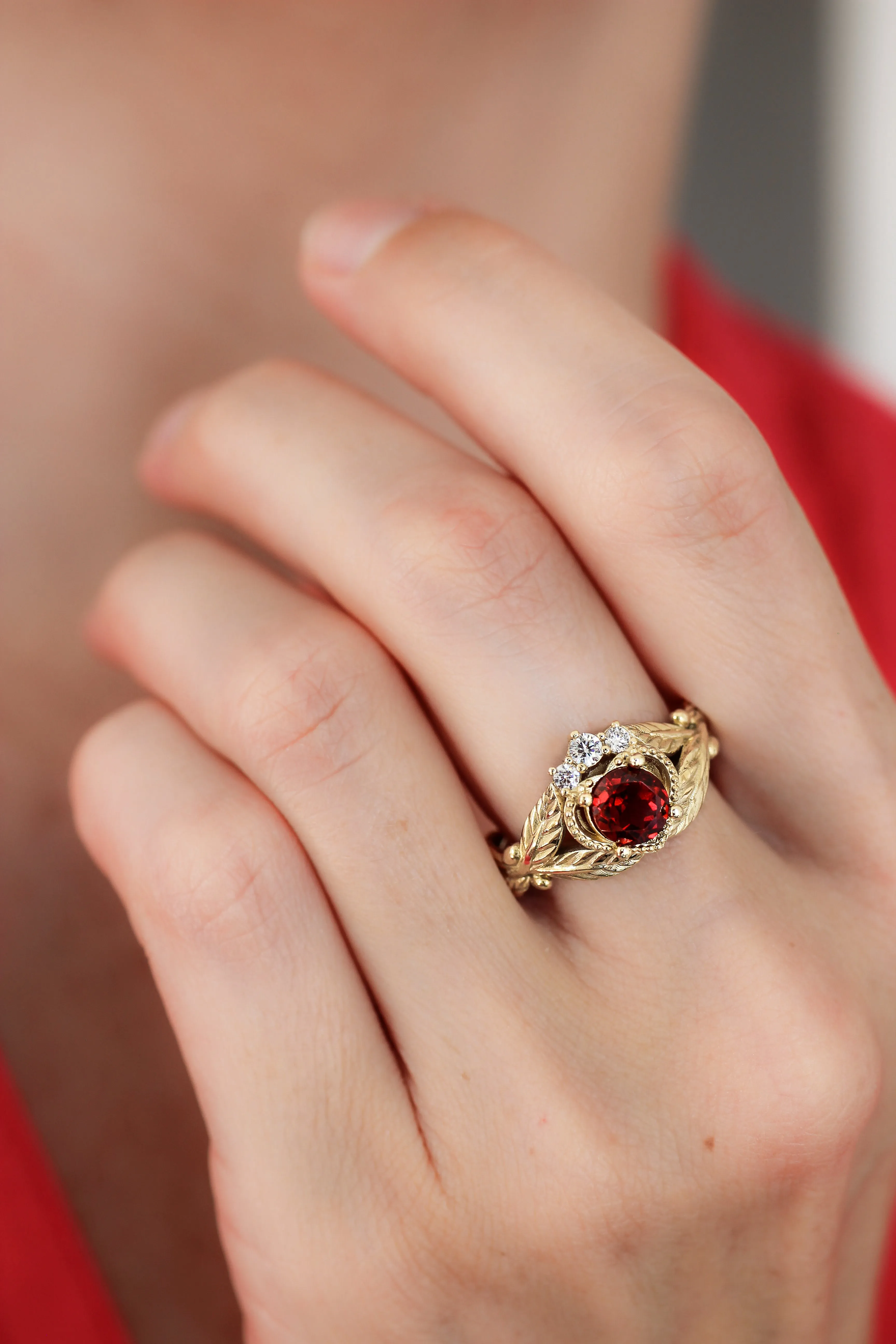 Garnet heart and diamonds engagement ring, Claddagh ring