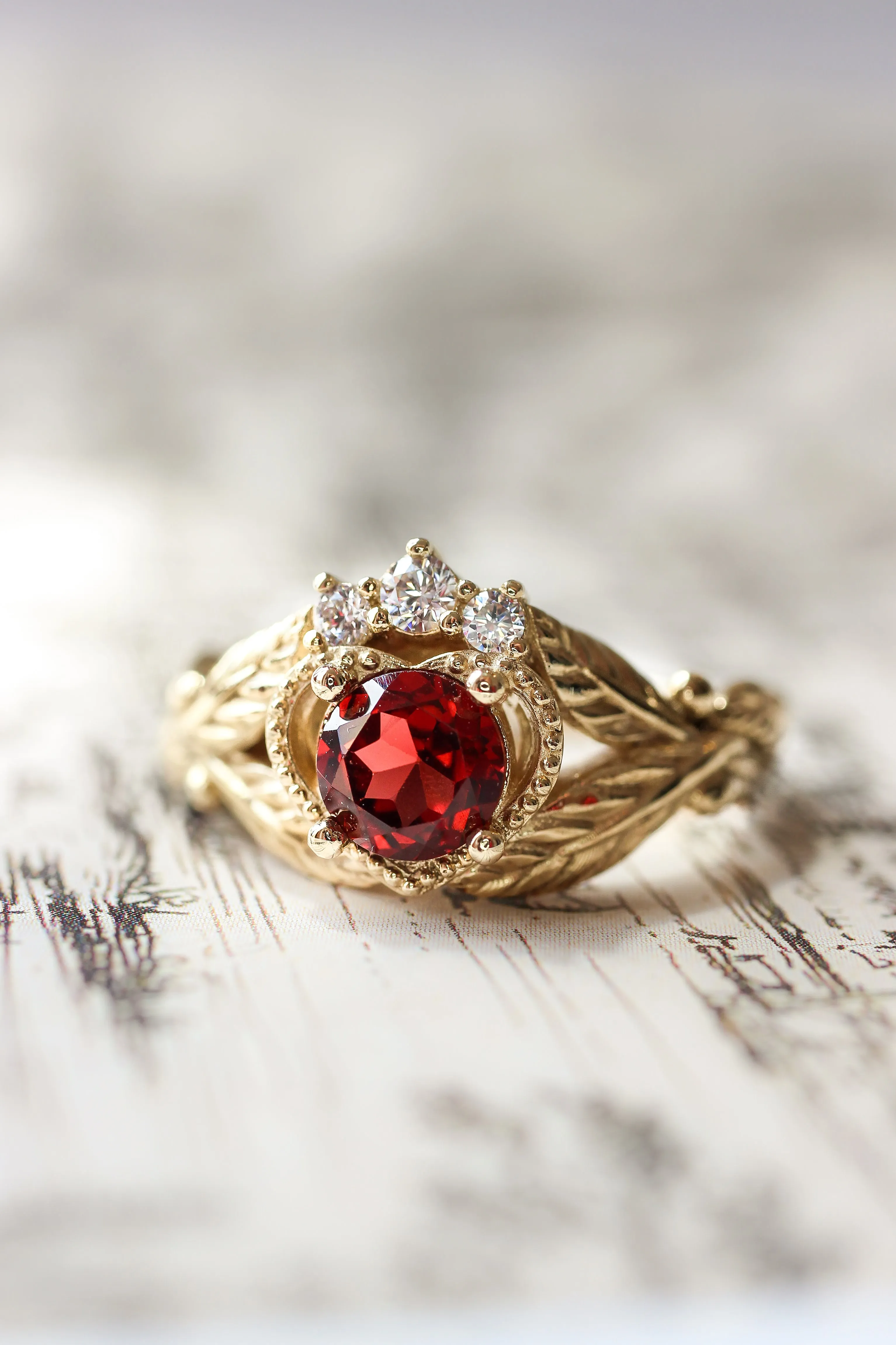 Garnet heart and diamonds engagement ring, Claddagh ring