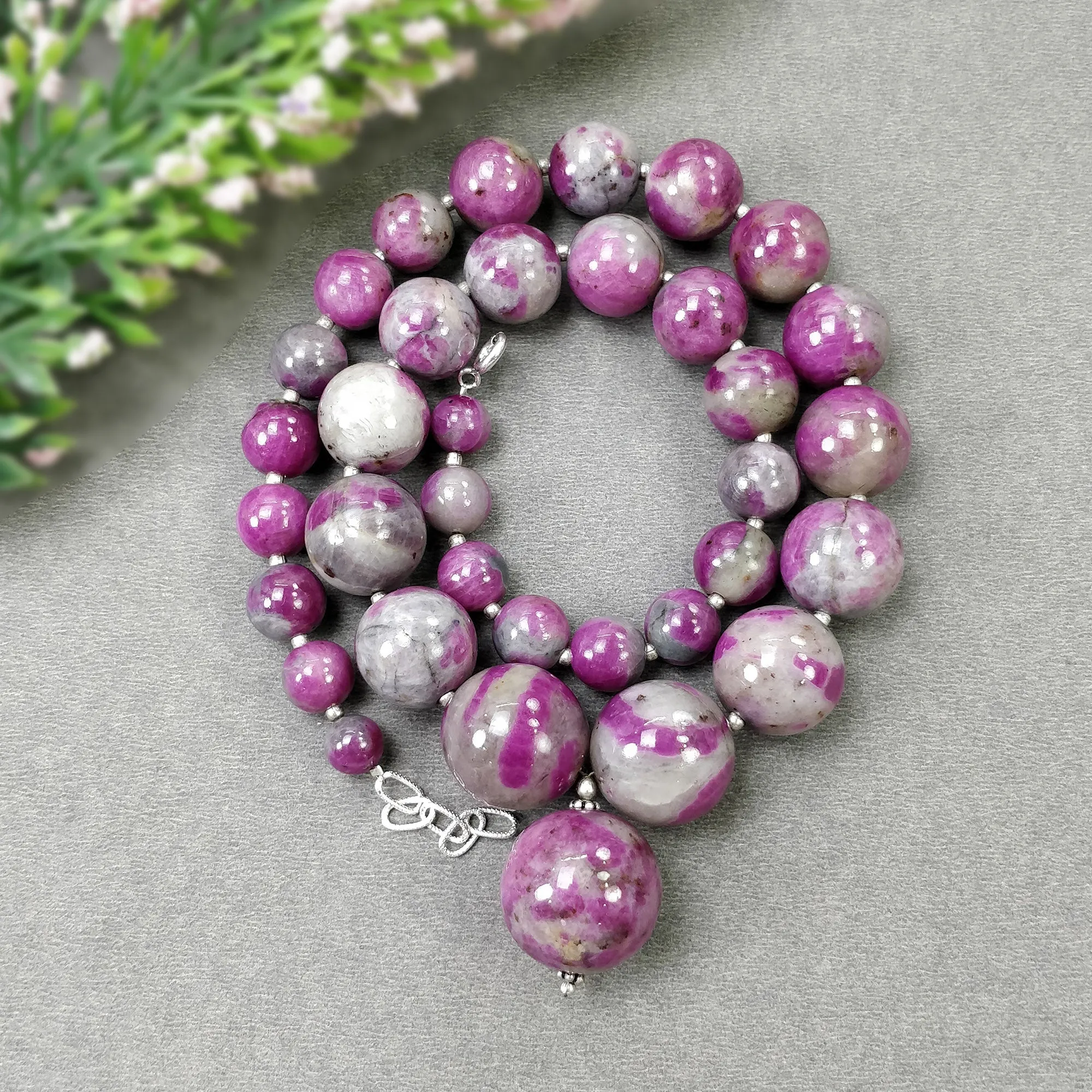 Global RUBY Gemstone NECKLACE: 669.25cts Natural Untreated Bi-Color Zoisite Ruby Balls 925 Sterling Silver 8mm - 19.5mm 19"