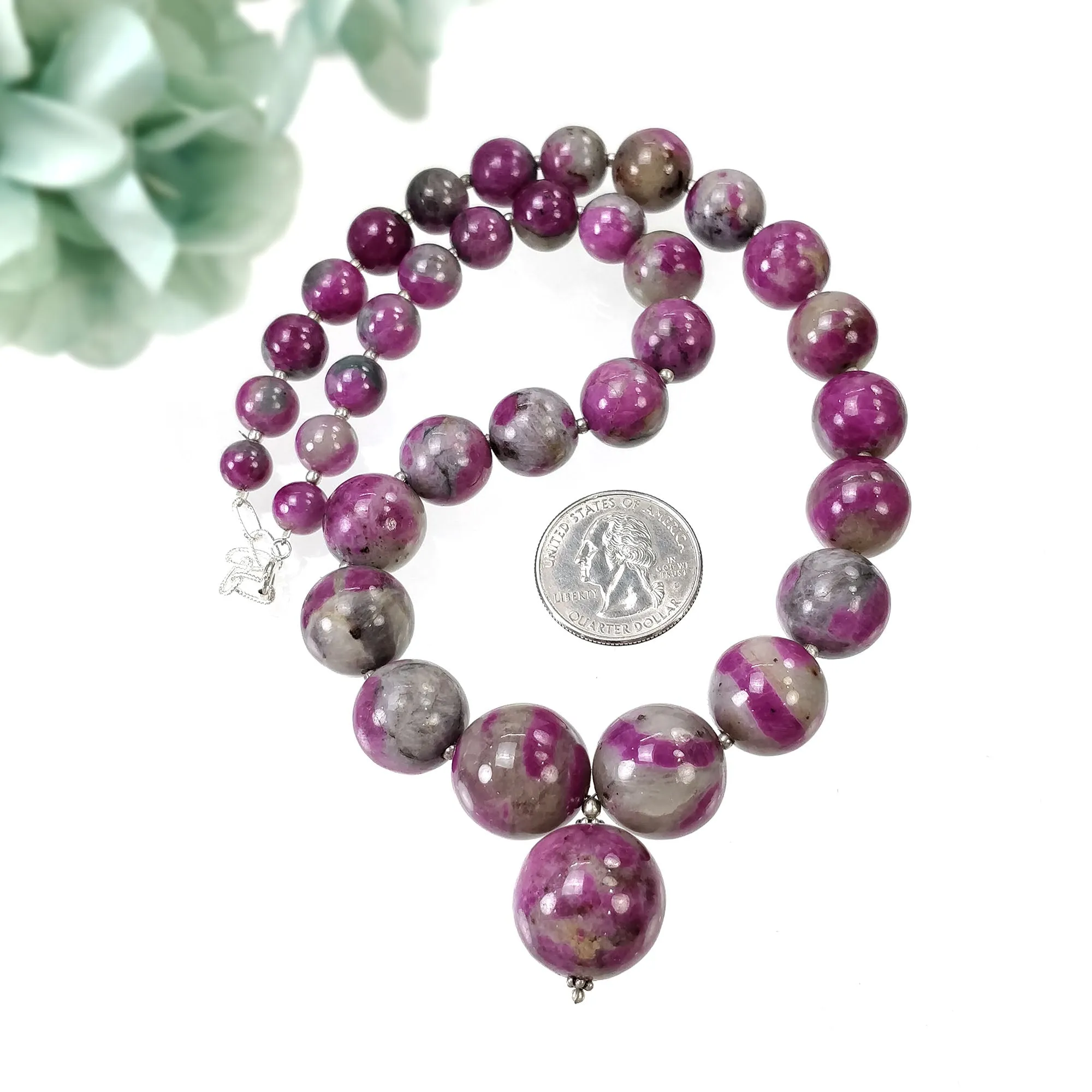 Global RUBY Gemstone NECKLACE: 669.25cts Natural Untreated Bi-Color Zoisite Ruby Balls 925 Sterling Silver 8mm - 19.5mm 19"