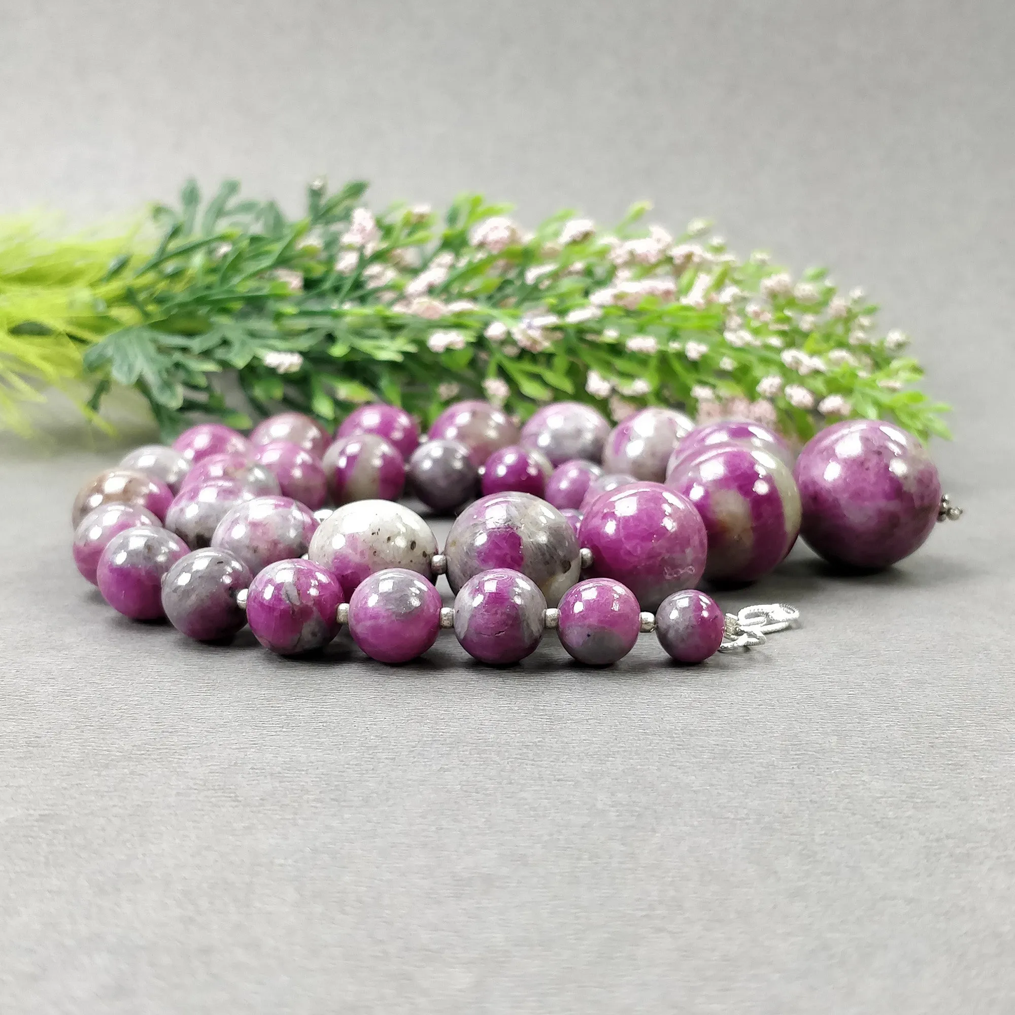 Global RUBY Gemstone NECKLACE: 669.25cts Natural Untreated Bi-Color Zoisite Ruby Balls 925 Sterling Silver 8mm - 19.5mm 19"