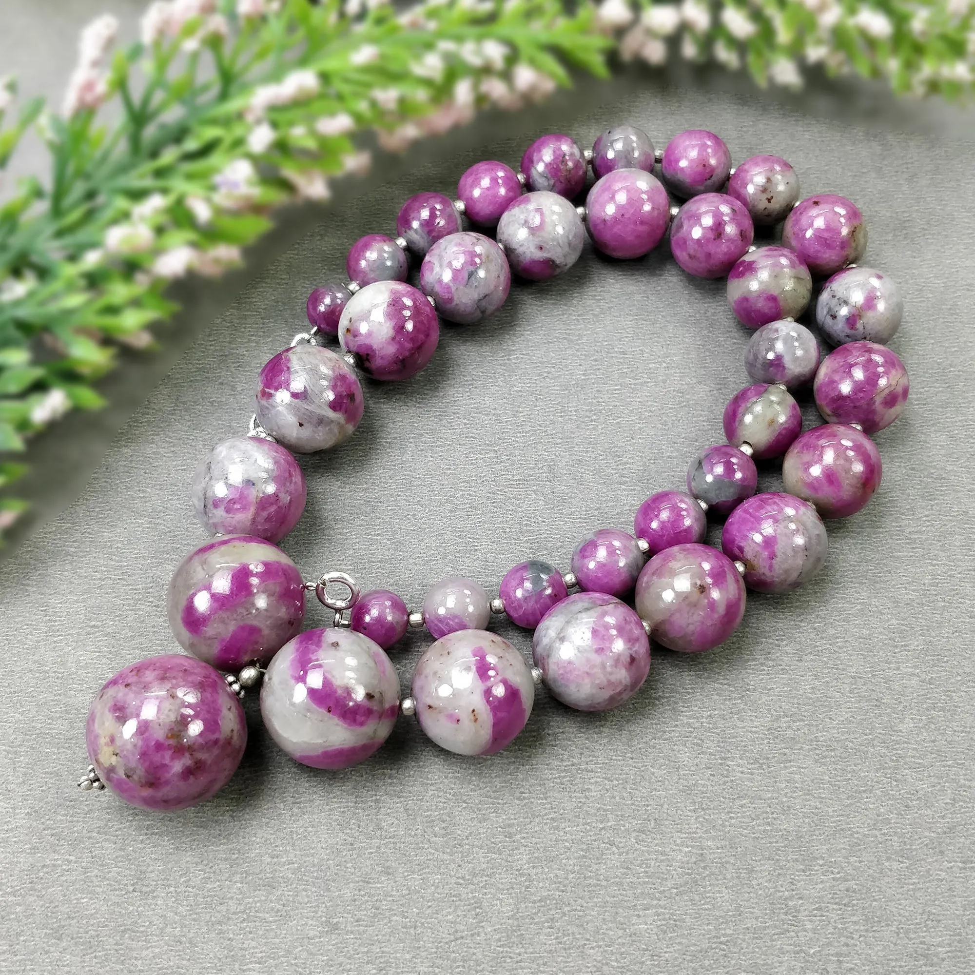 Global RUBY Gemstone NECKLACE: 669.25cts Natural Untreated Bi-Color Zoisite Ruby Balls 925 Sterling Silver 8mm - 19.5mm 19"