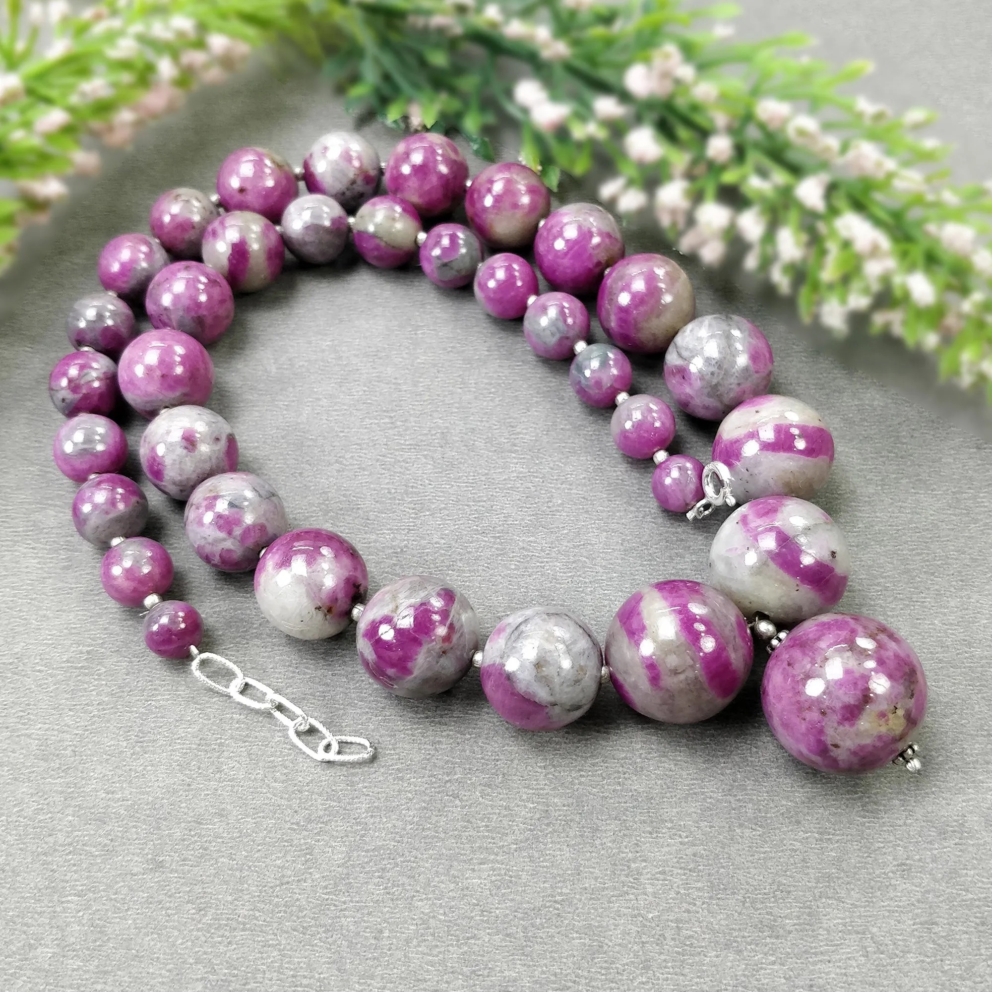 Global RUBY Gemstone NECKLACE: 669.25cts Natural Untreated Bi-Color Zoisite Ruby Balls 925 Sterling Silver 8mm - 19.5mm 19"