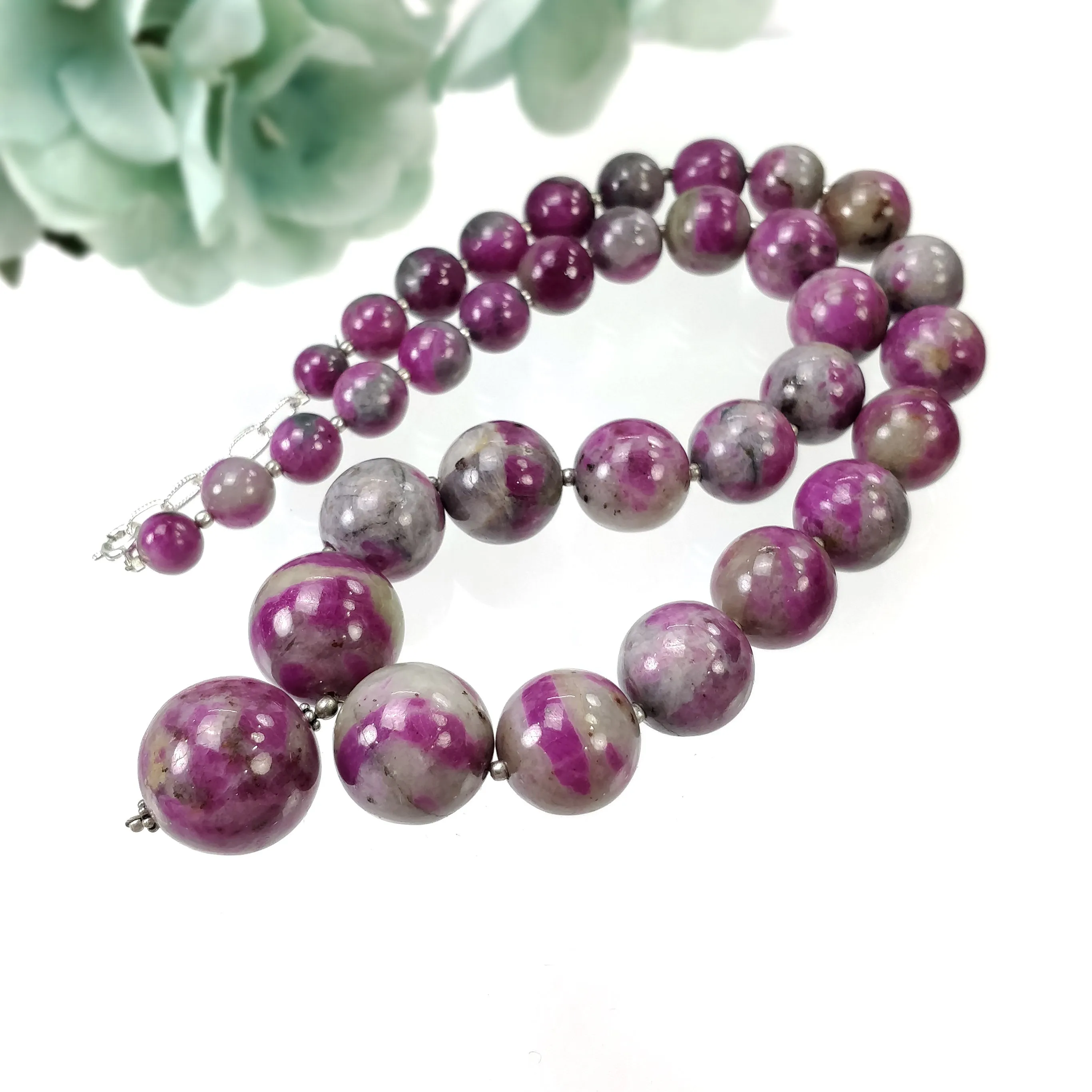 Global RUBY Gemstone NECKLACE: 669.25cts Natural Untreated Bi-Color Zoisite Ruby Balls 925 Sterling Silver 8mm - 19.5mm 19"