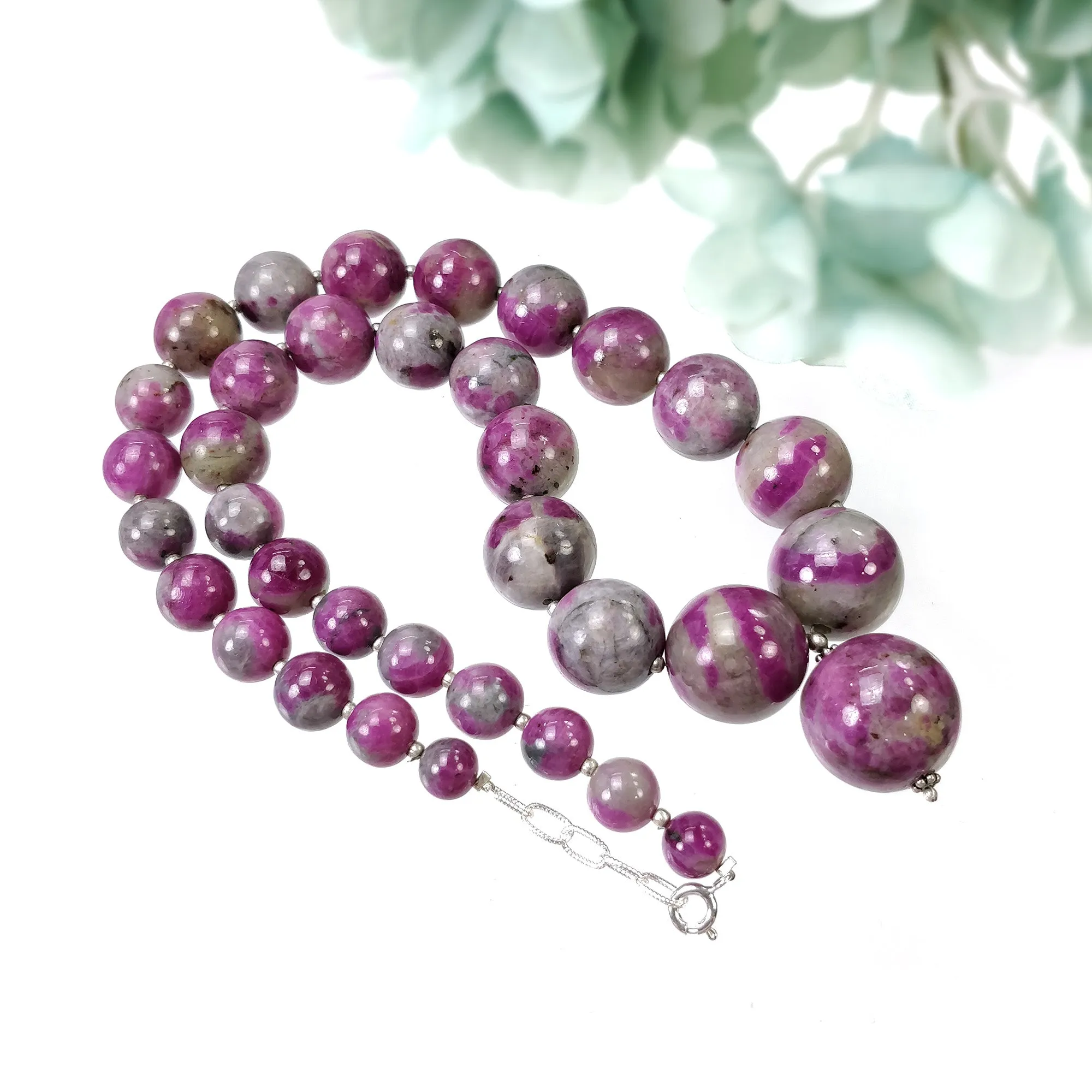 Global RUBY Gemstone NECKLACE: 669.25cts Natural Untreated Bi-Color Zoisite Ruby Balls 925 Sterling Silver 8mm - 19.5mm 19"