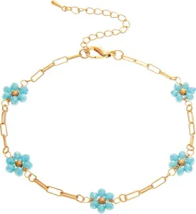 Gold Chain Blue Flower Bead Anklet