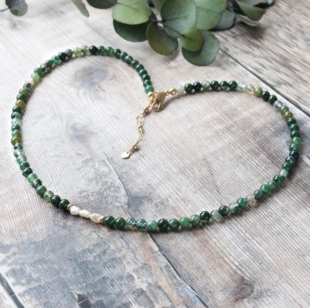 Green Moss Agate and Freshwater Pearl Choker Necklace - June Birthstone