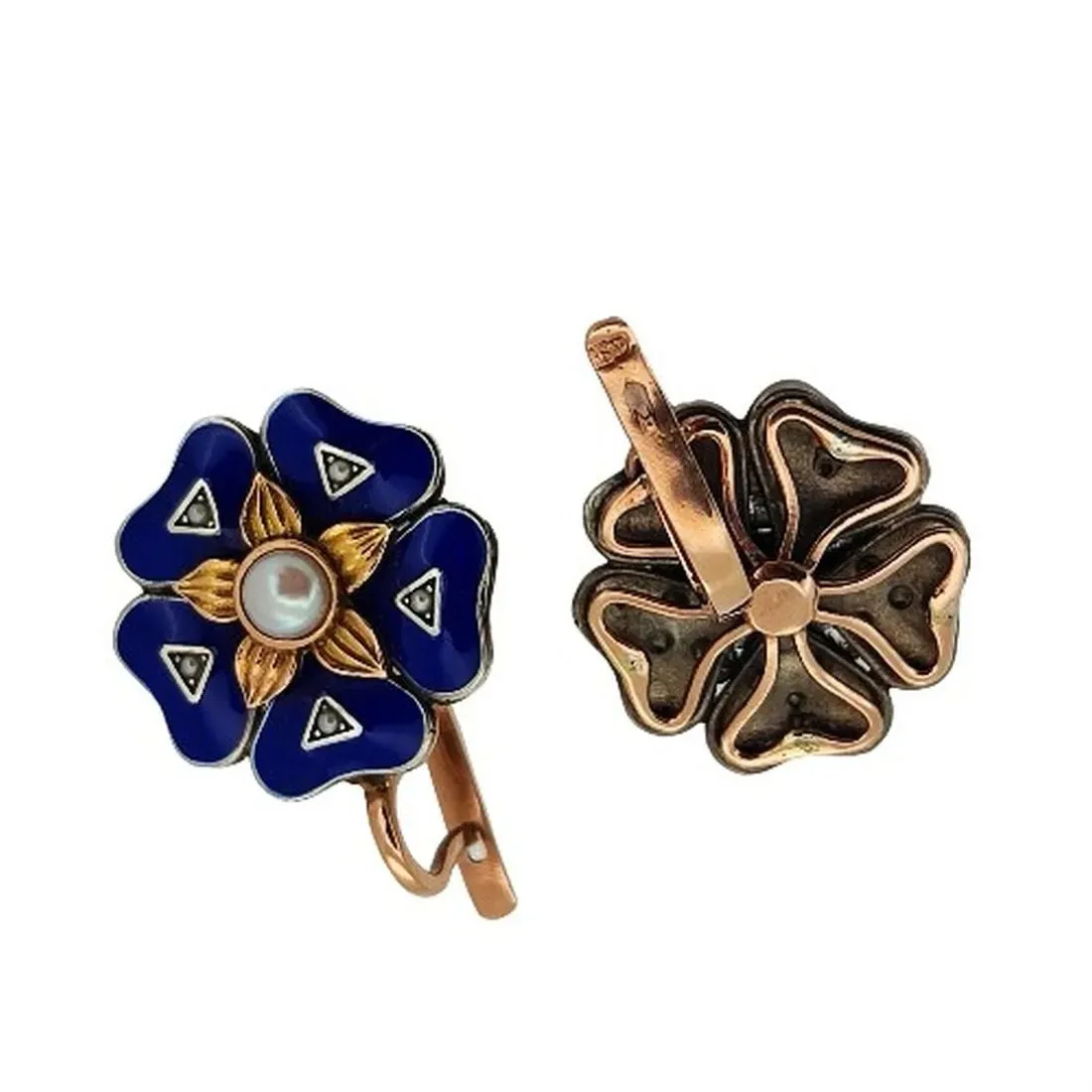 IMPERIAL RUSSIAN 14k Rose Gold Flower Pearls Blue Guilloche Enamel Drop Earrings