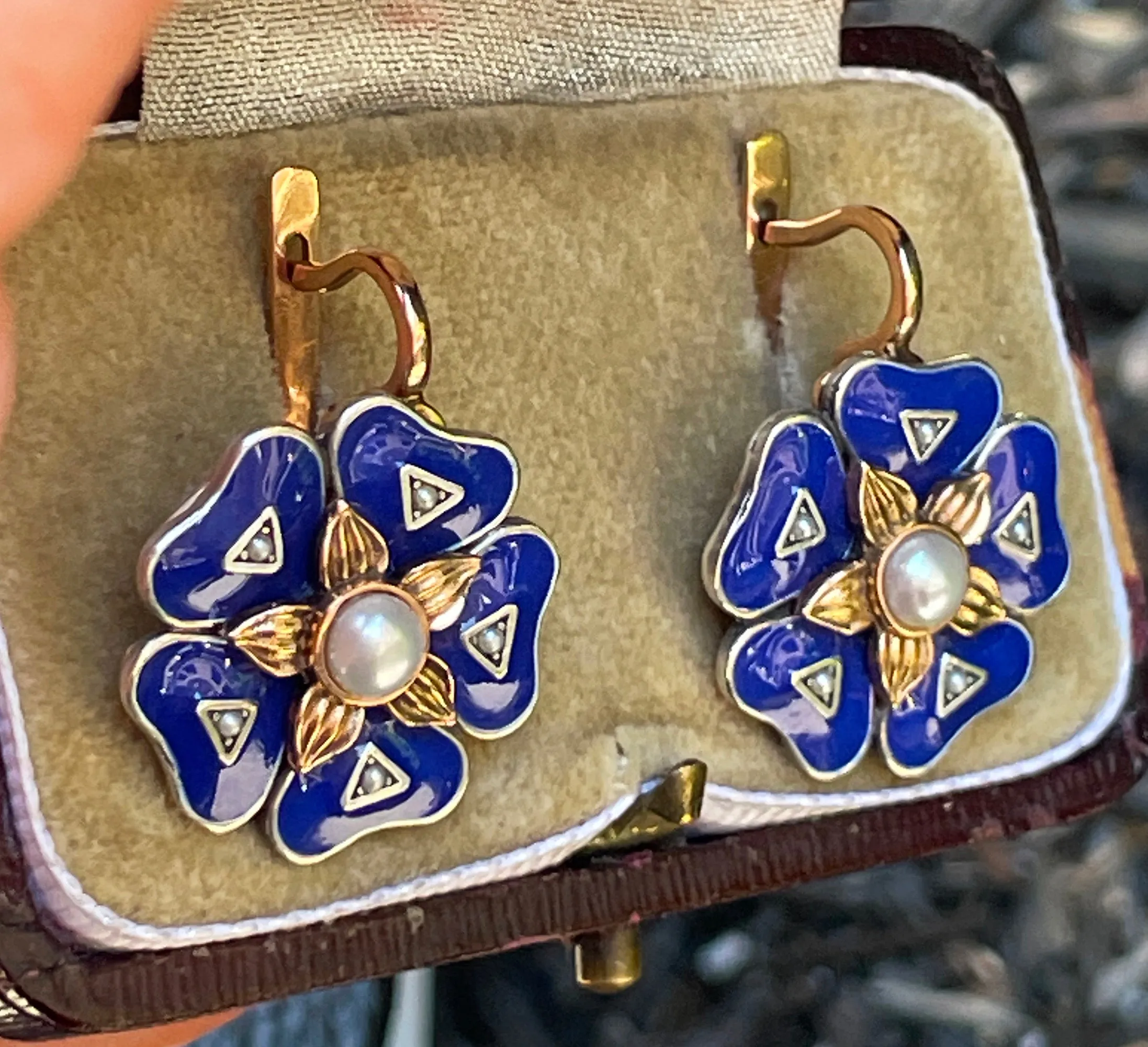 IMPERIAL RUSSIAN 14k Rose Gold Flower Pearls Blue Guilloche Enamel Drop Earrings