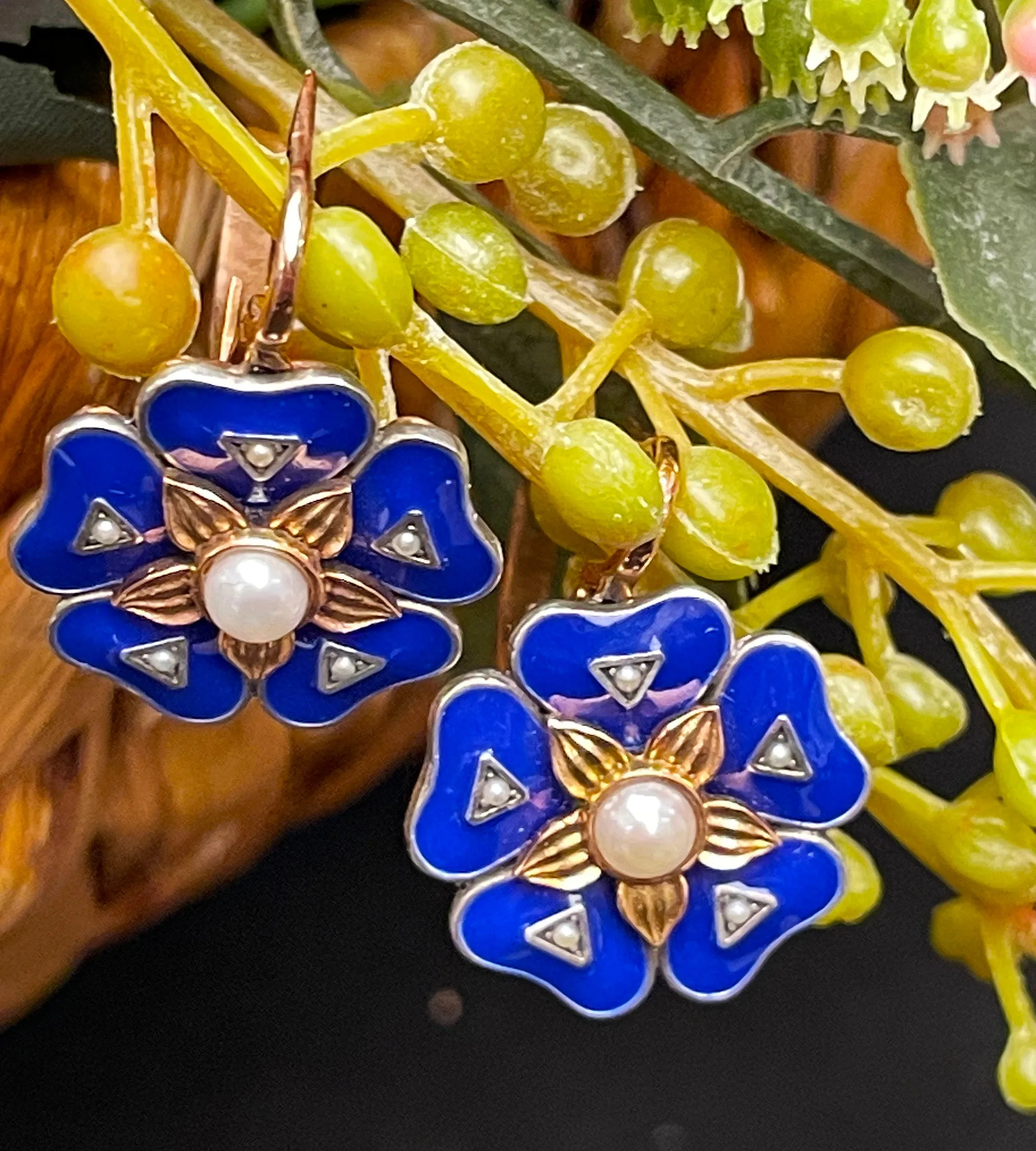 IMPERIAL RUSSIAN 14k Rose Gold Flower Pearls Blue Guilloche Enamel Drop Earrings