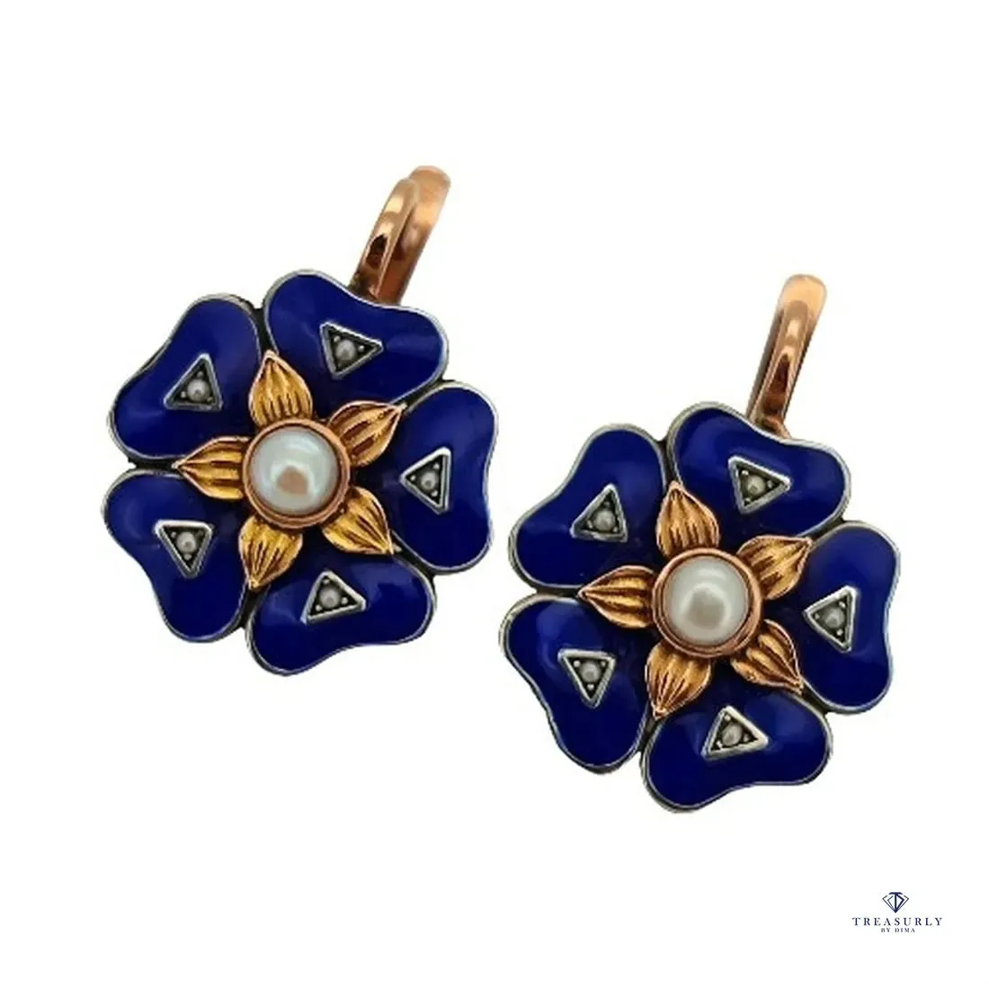 IMPERIAL RUSSIAN 14k Rose Gold Flower Pearls Blue Guilloche Enamel Drop Earrings