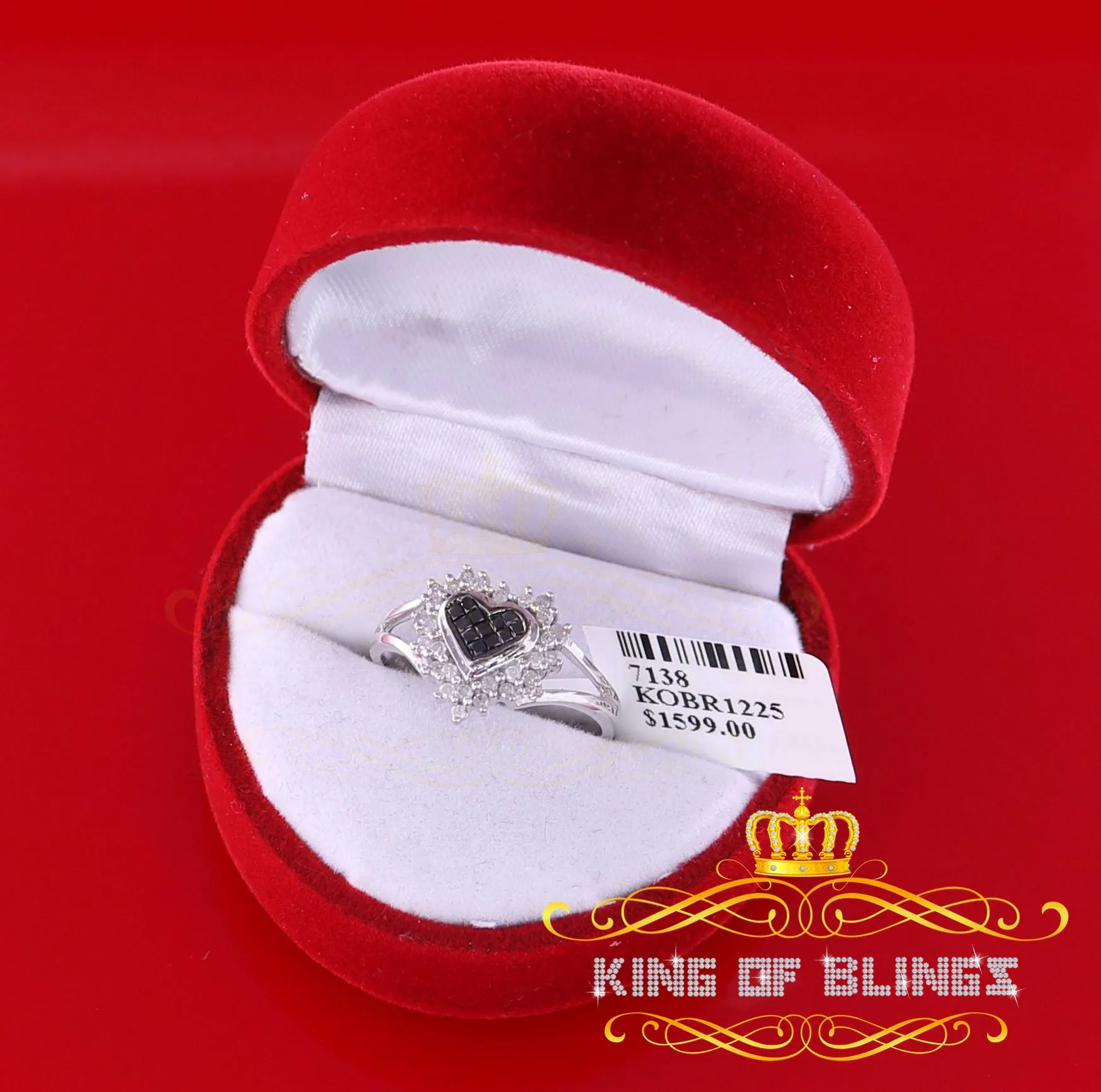 King of Bling's  Real 10kt White Gold HEART shape 0.33CT Real Diamond Black Princess Ring SZ 6.5