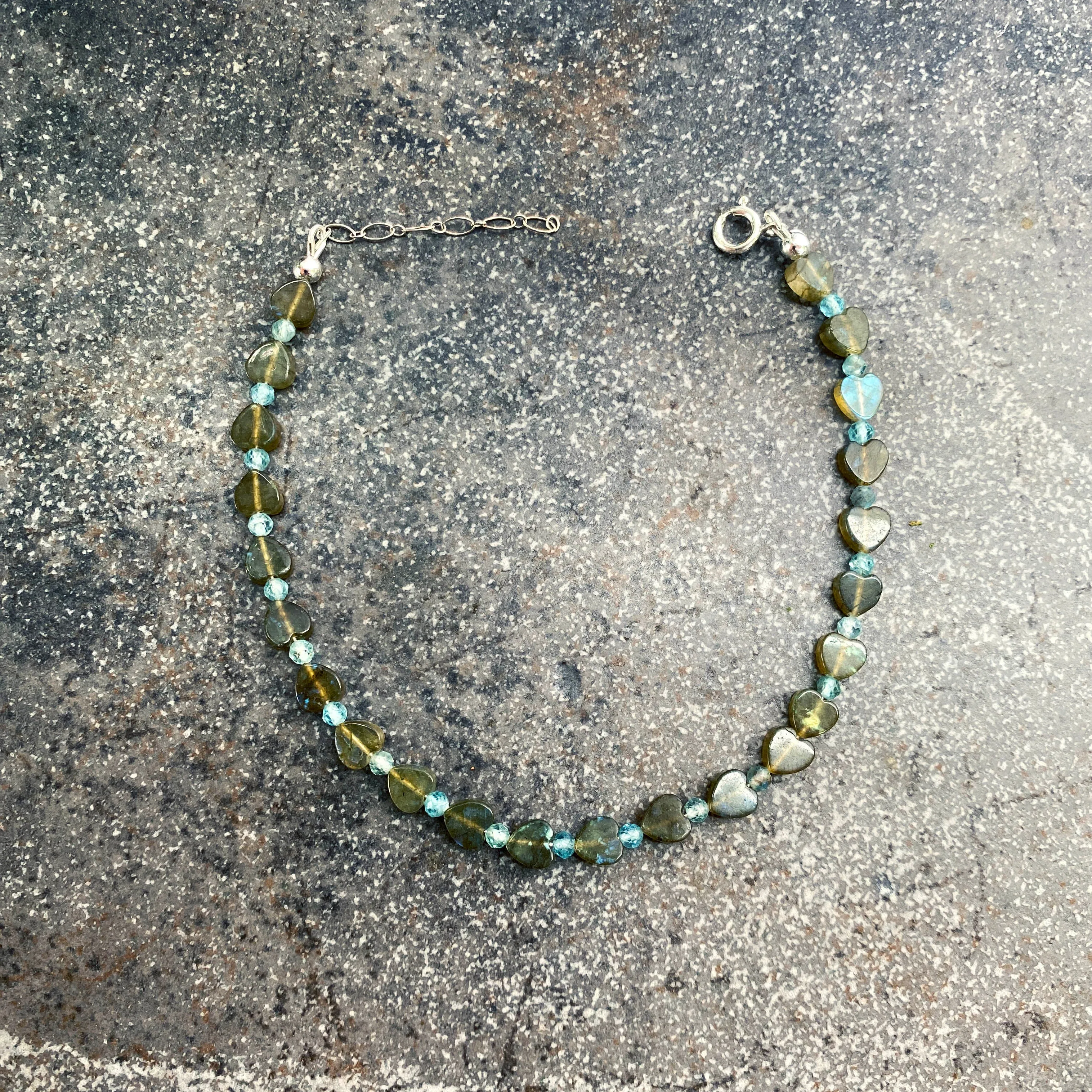 Labradorite heart & Blue Apatite Gemstone w/ Sterling Silver Anklet