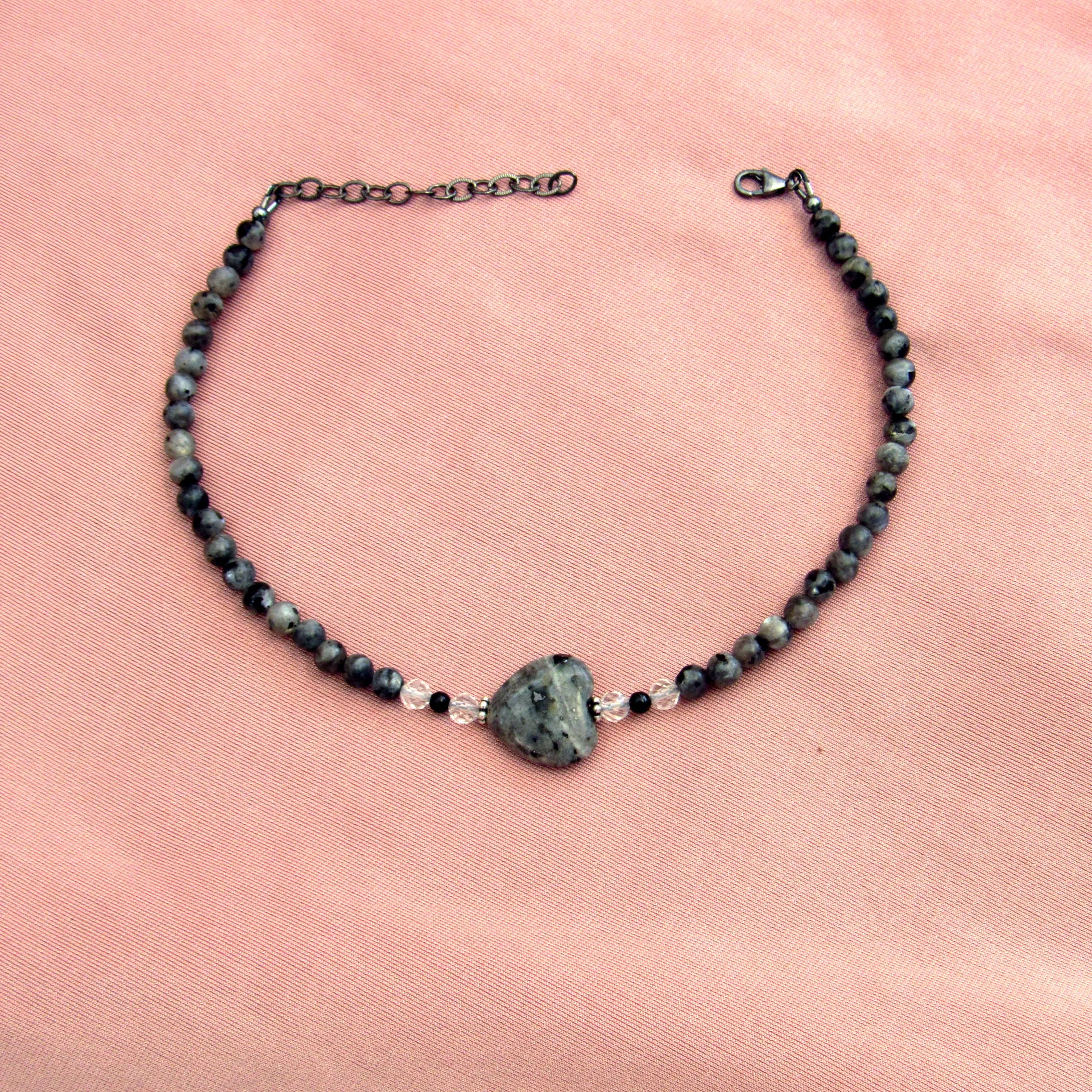 Larvikite gemstone, Clear Quartz, Onyx, and Oxidized Sterling Silver Anklet