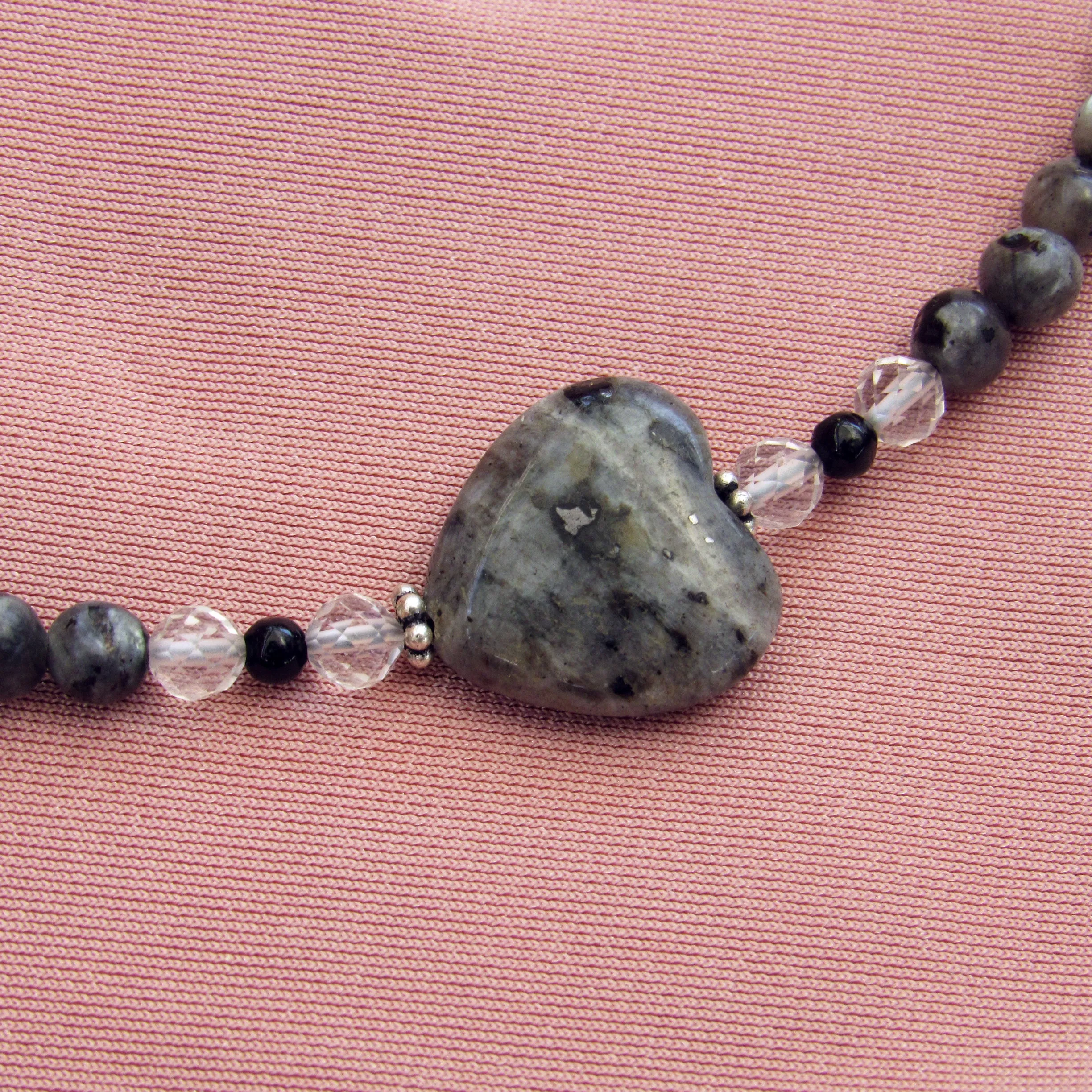 Larvikite gemstone, Clear Quartz, Onyx, and Oxidized Sterling Silver Anklet