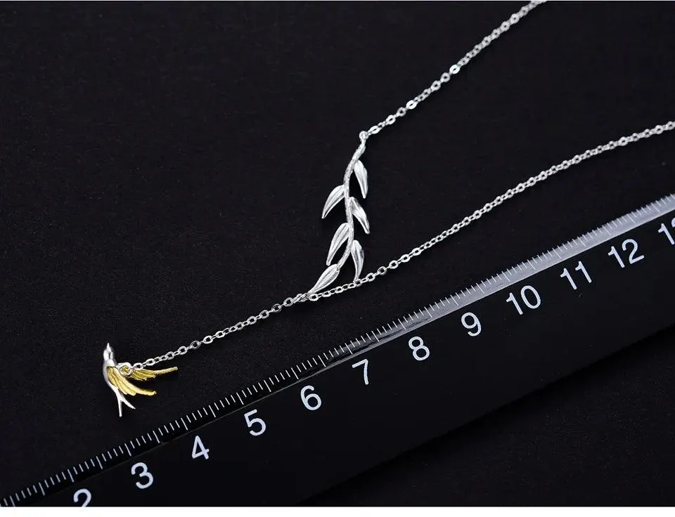 LFJF0082 Swallow Willow Branch Necklace Charm Jewelry - 925 Sterling Silver Chain