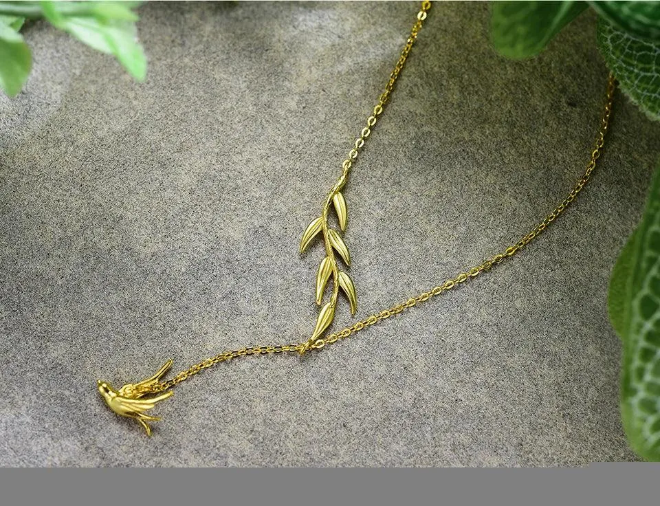 LFJF0082 Swallow Willow Branch Necklace Charm Jewelry - 925 Sterling Silver Chain