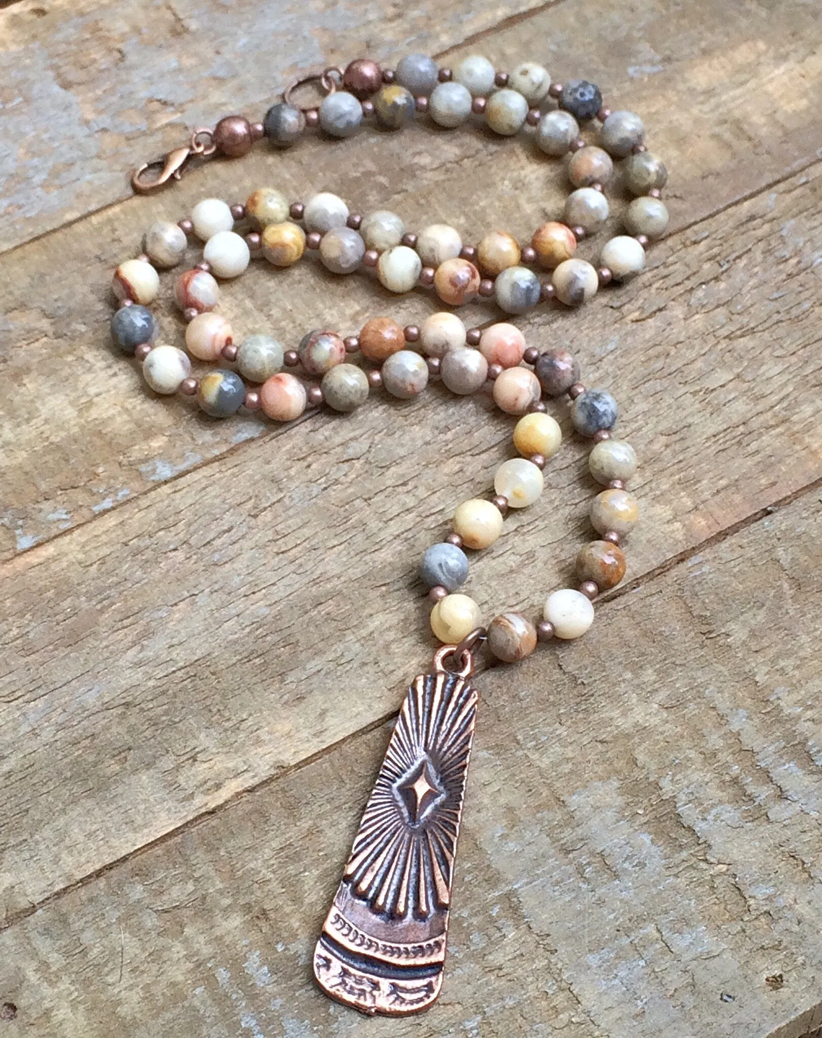 Long Stone Necklace, Bohemian Jewelry, Boho Necklace, Copper Pendant Necklace, Boho Jewelry