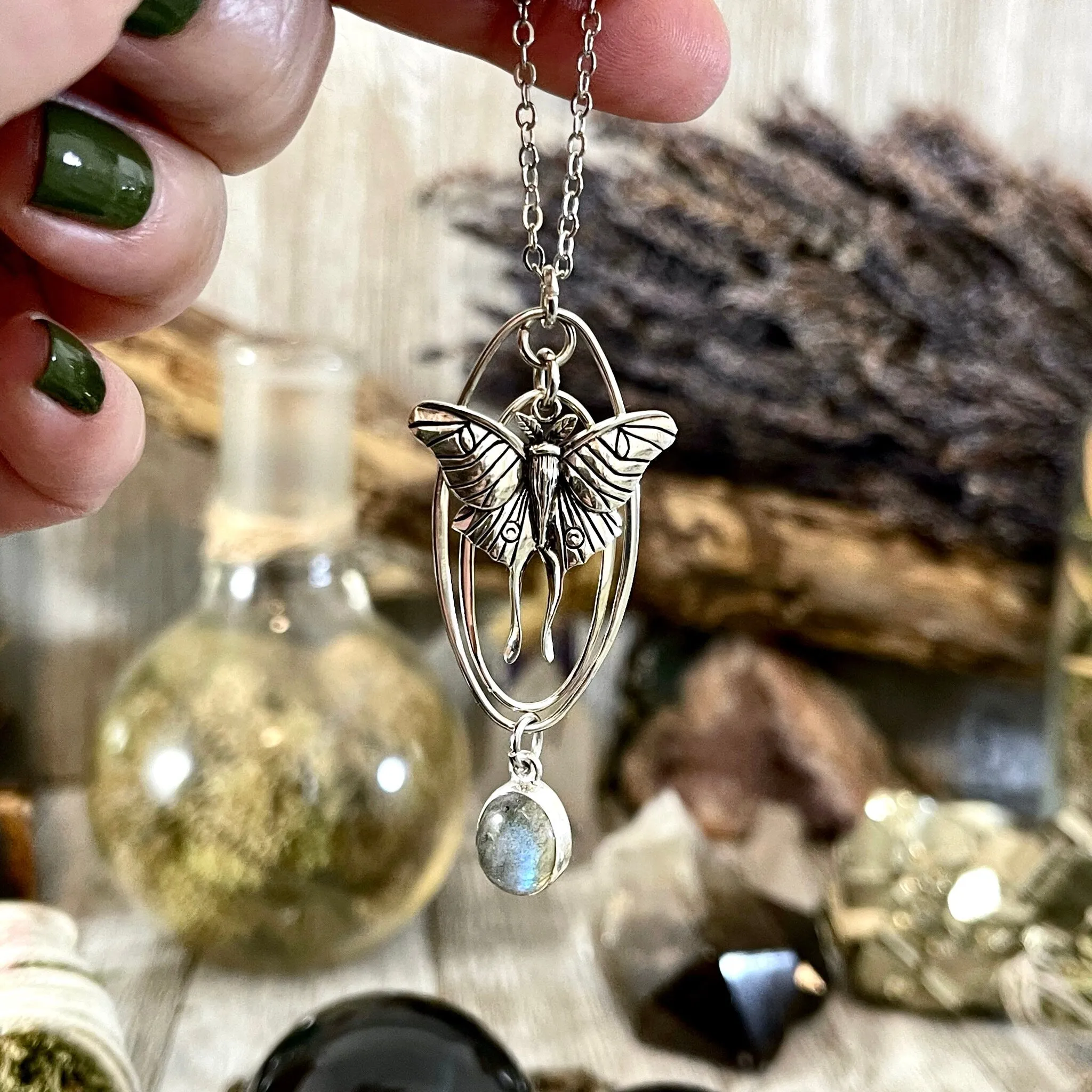 Luna Moth and Labradorite Talisman Necklace / Talisman Collection - Sterling Silver