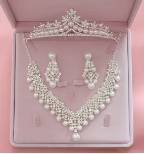 Magnificent Pearl and Crystal Tiara, Necklace & Earrings Wedding Jewelry Set