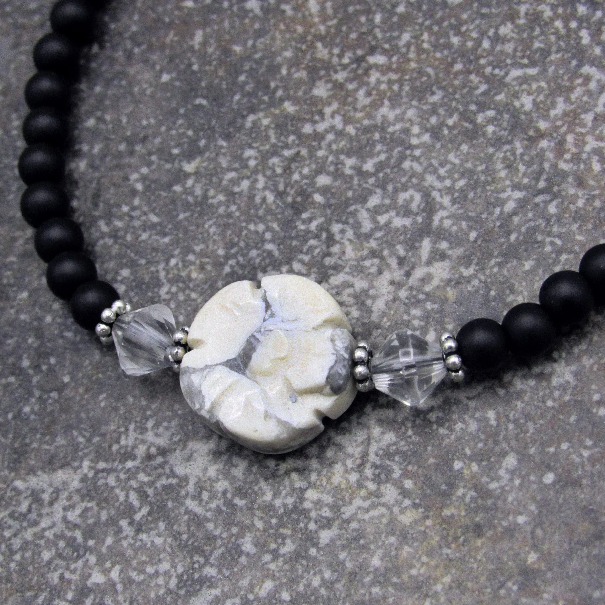 Matte Onyx Gemstone Anklet with Howlite Flower