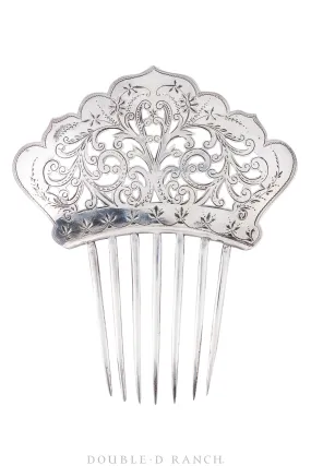 Miscellaneous, Hair Comb, Sterling Silver Cutwork & Engraving, Marked, Victorian, Turn of the Century, 349