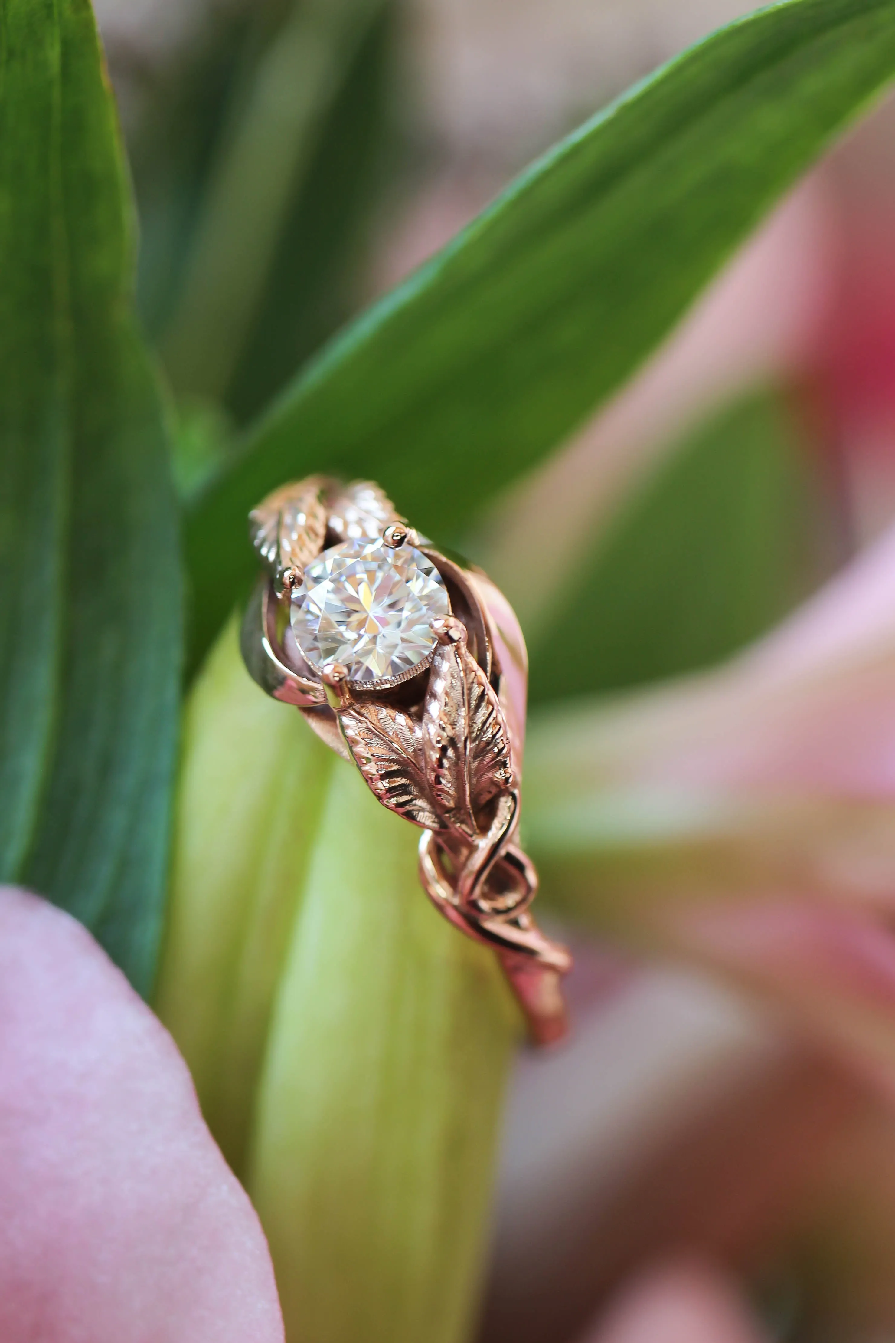 Moissanite leaf engagement ring / Azalea