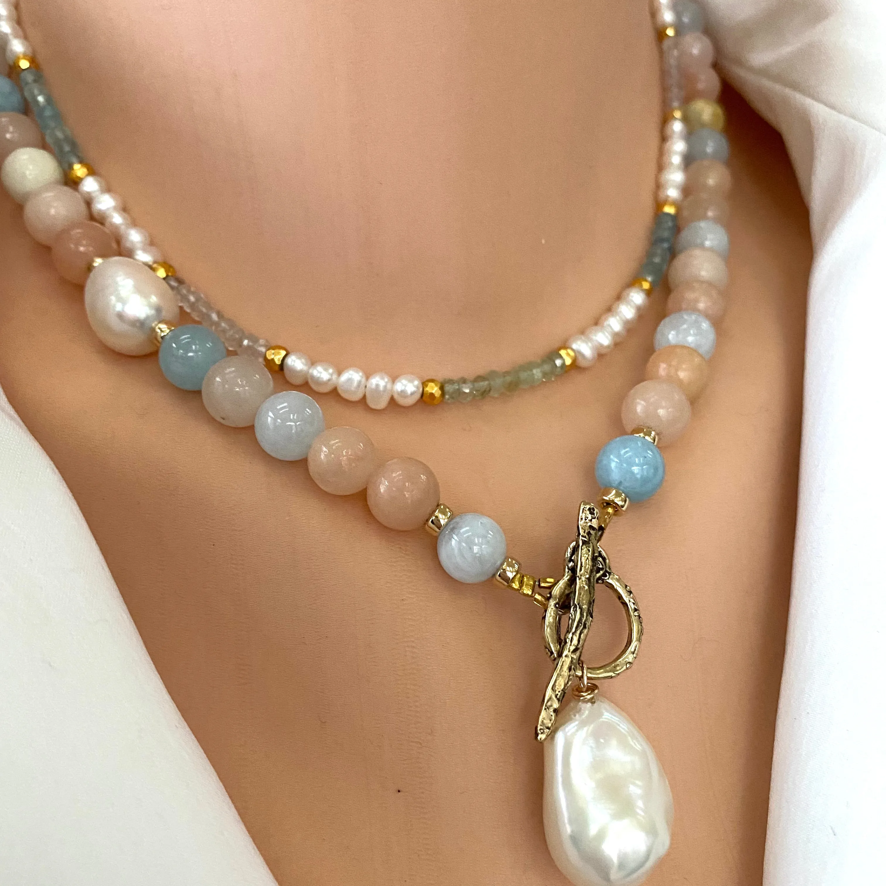 Morganite & Aquamarine w Baroque Pearl Toggle Necklace, Gold Filled, Gold Bronze, 19in