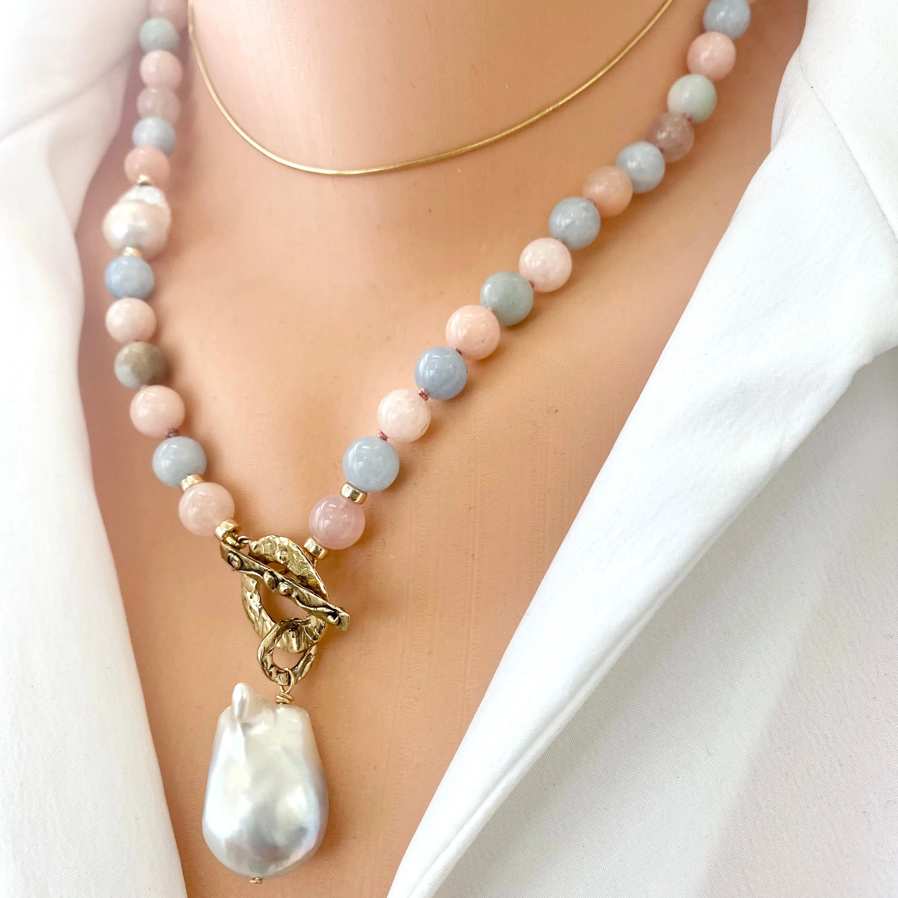 Morganite & Aquamarine w Baroque Pearl Toggle Necklace, Gold Filled, Gold Bronze, 19in