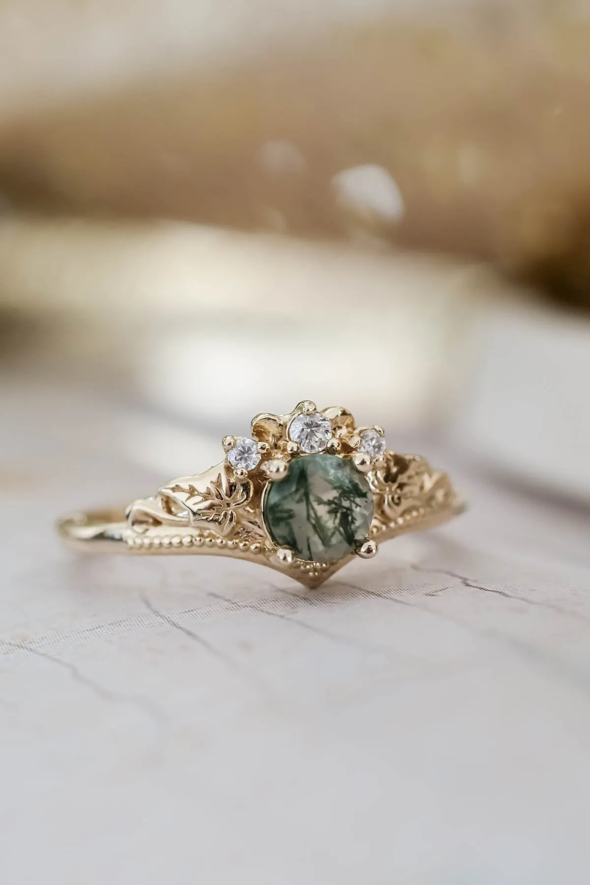 Moss agate engagement ring, alternative gold promise ring with diamonds / Ariadne