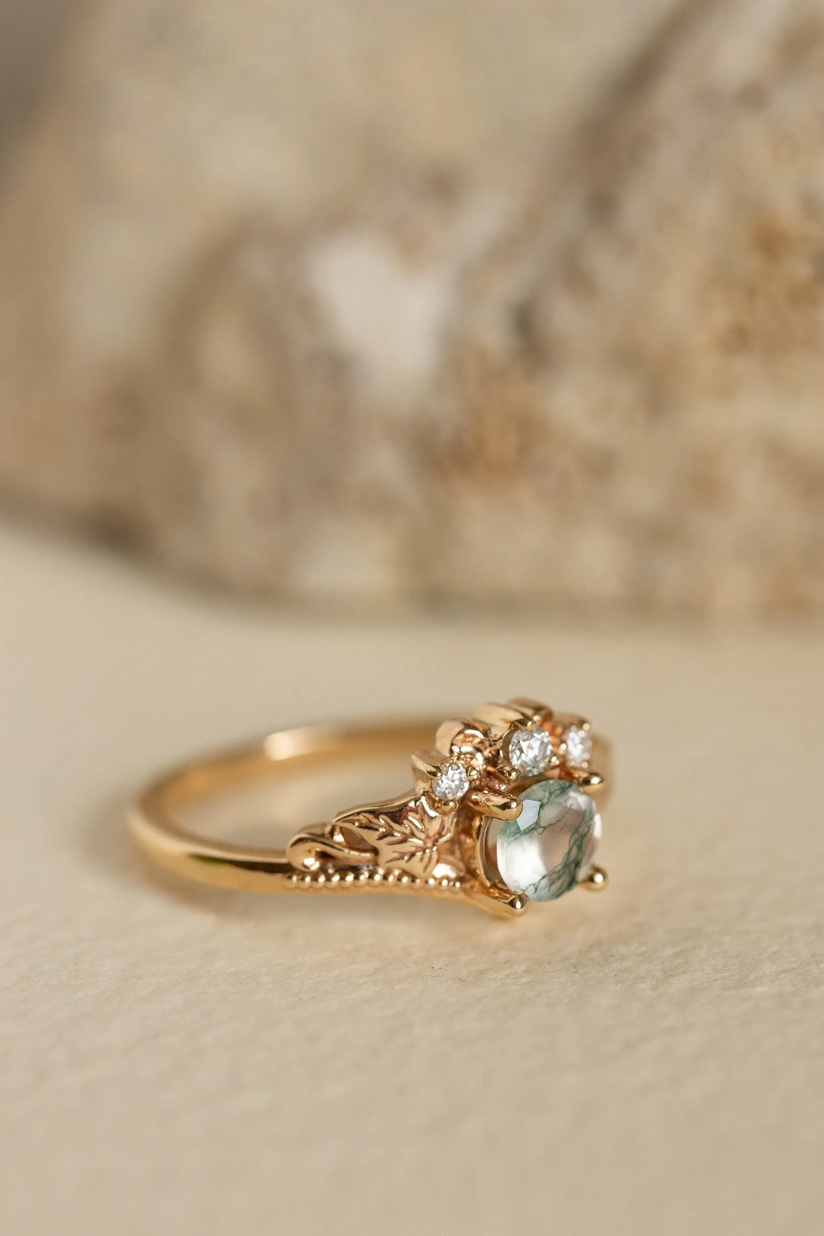 Moss agate engagement ring, alternative gold promise ring with diamonds / Ariadne