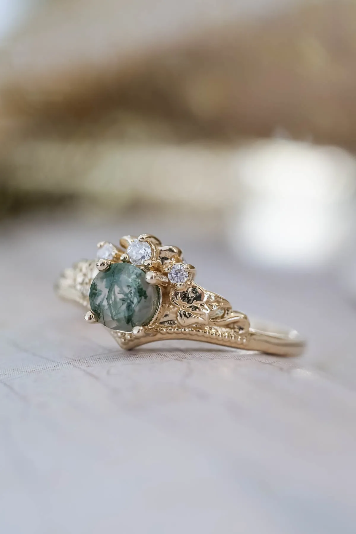 Moss agate engagement ring, alternative gold promise ring with diamonds / Ariadne