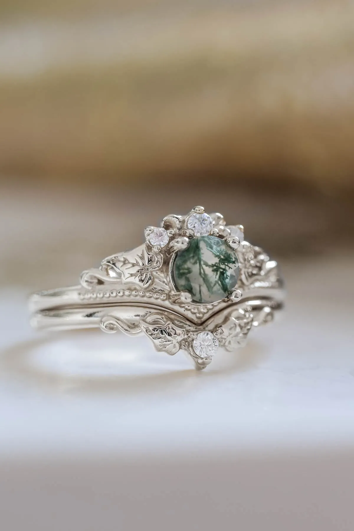 Moss agate engagement ring, alternative gold promise ring with diamonds / Ariadne