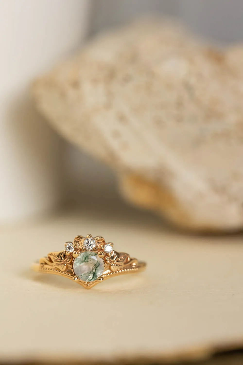 Moss agate engagement ring, alternative gold promise ring with diamonds / Ariadne