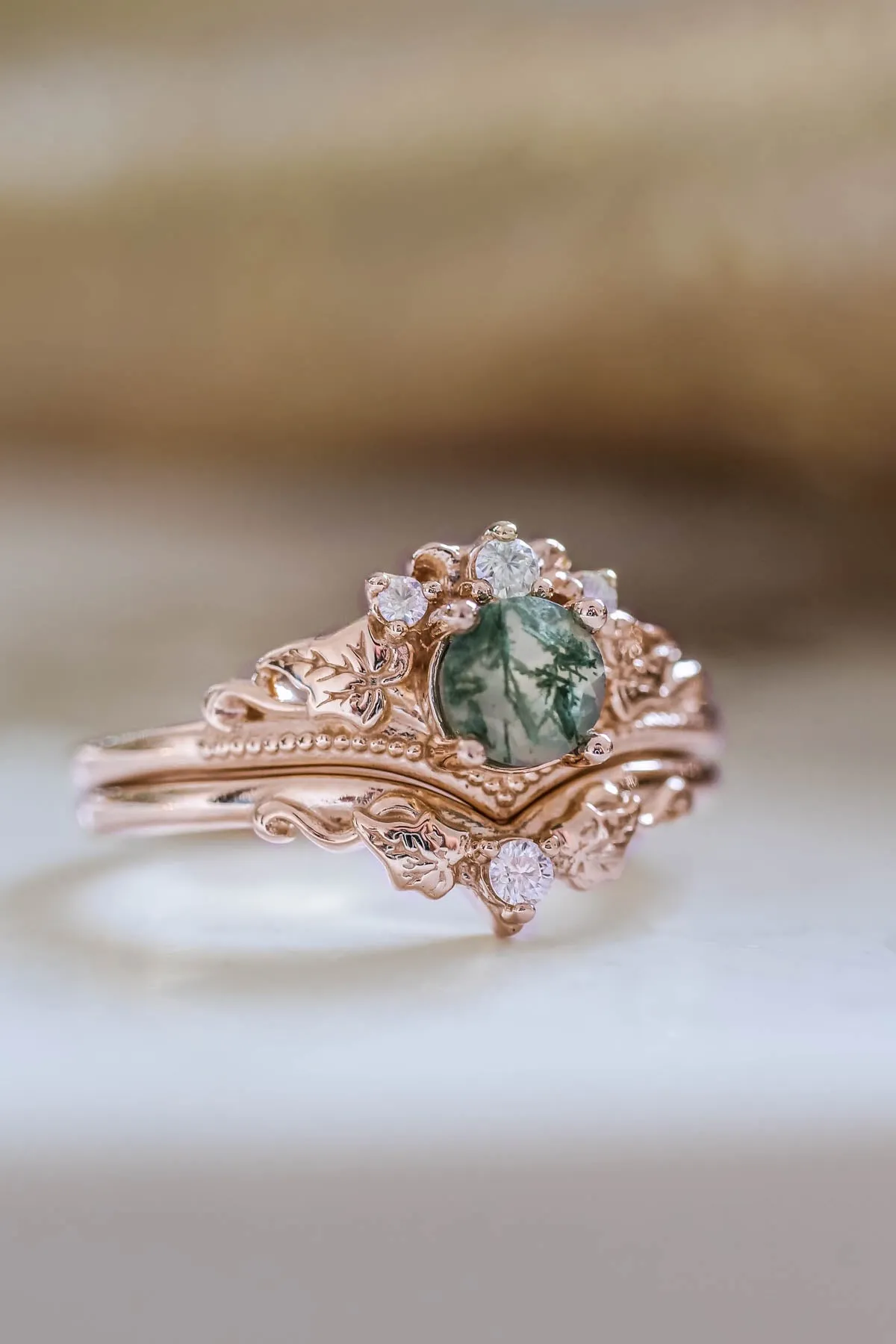 Moss agate engagement ring, alternative gold promise ring with diamonds / Ariadne