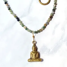 Moss agate gemstones and brass Buddha pendant necklace