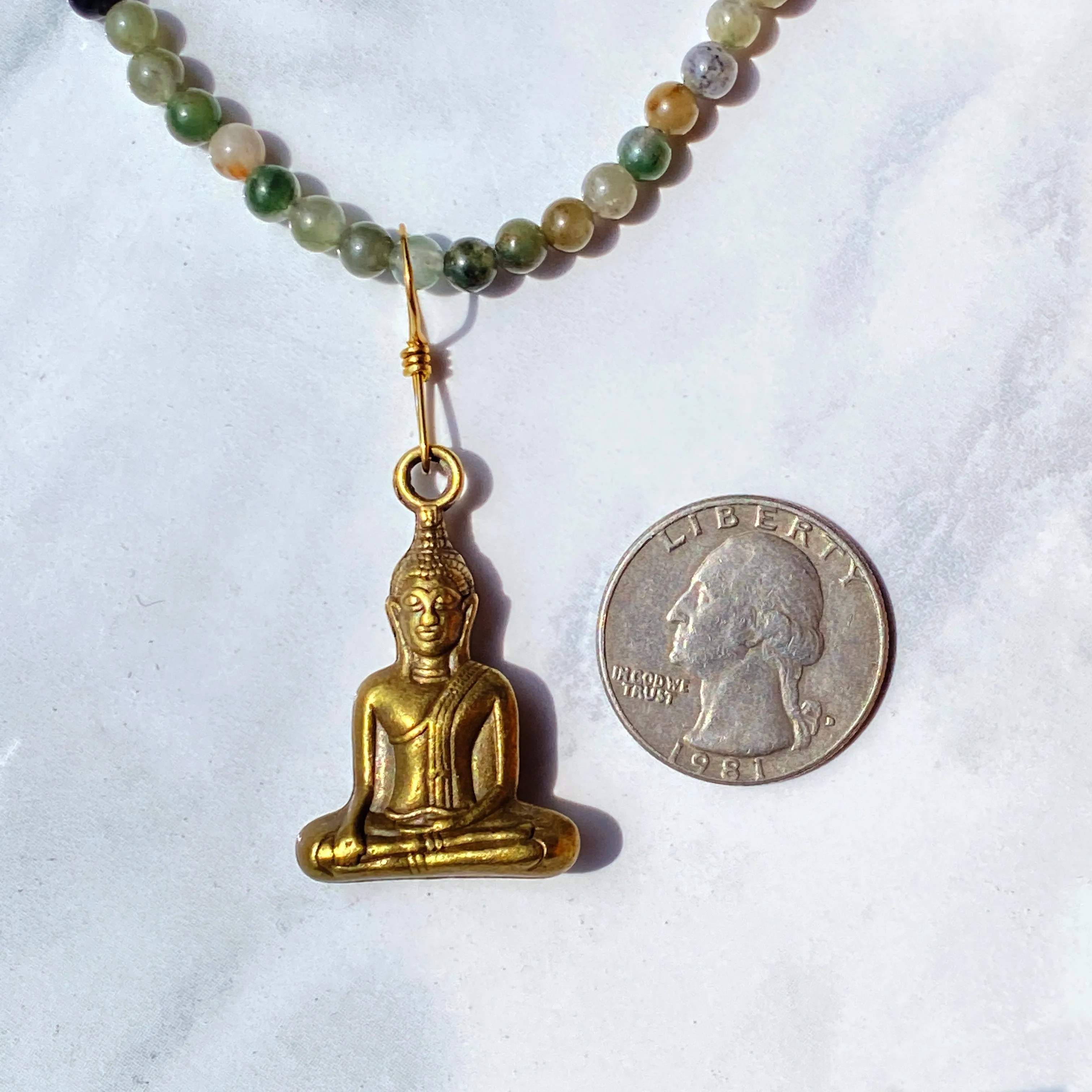 Moss agate gemstones and brass Buddha pendant necklace