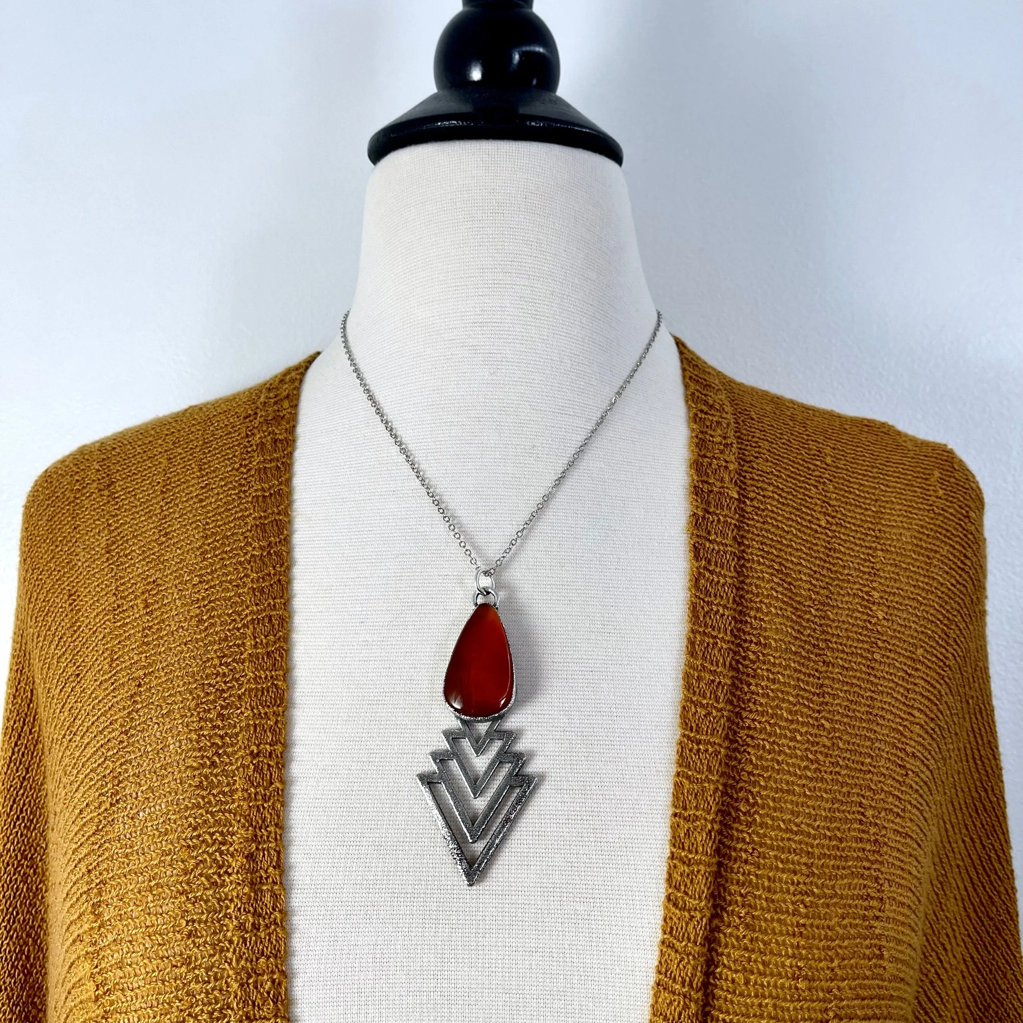 Moss & Moon Collection - Big Carnelian Moon Phase Statement Necklace set in Fine Silver / One of a Kind - by Foxlark Electroformed Jewelry