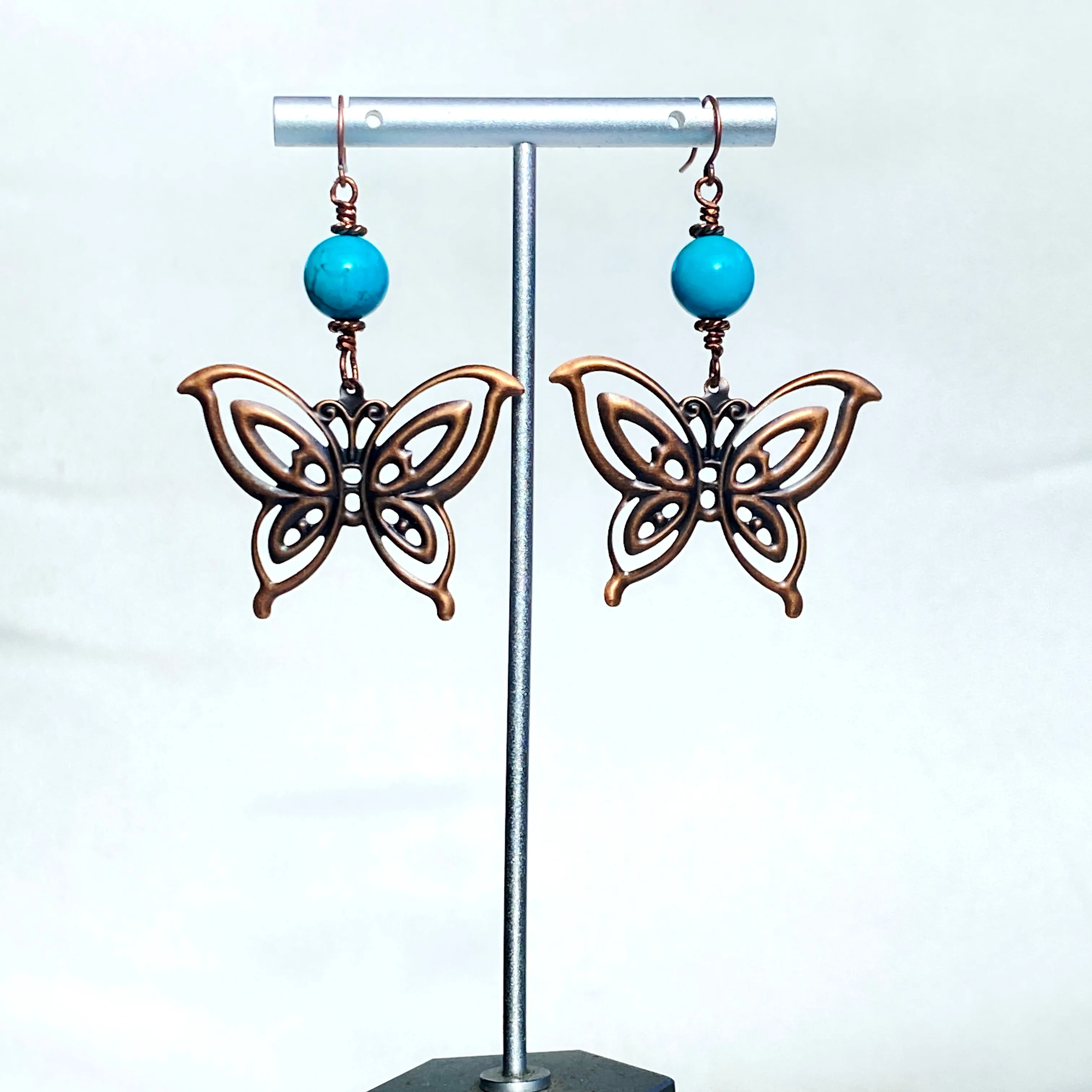 Natural Turquoise gemstone with Copper Butterfly Dangle Earrings