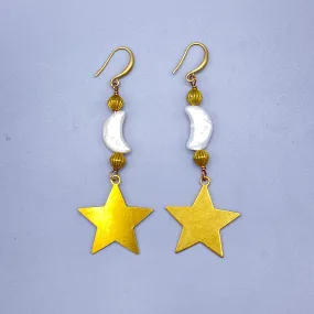 Pearl Moons and Brass Star Dangle Earringa