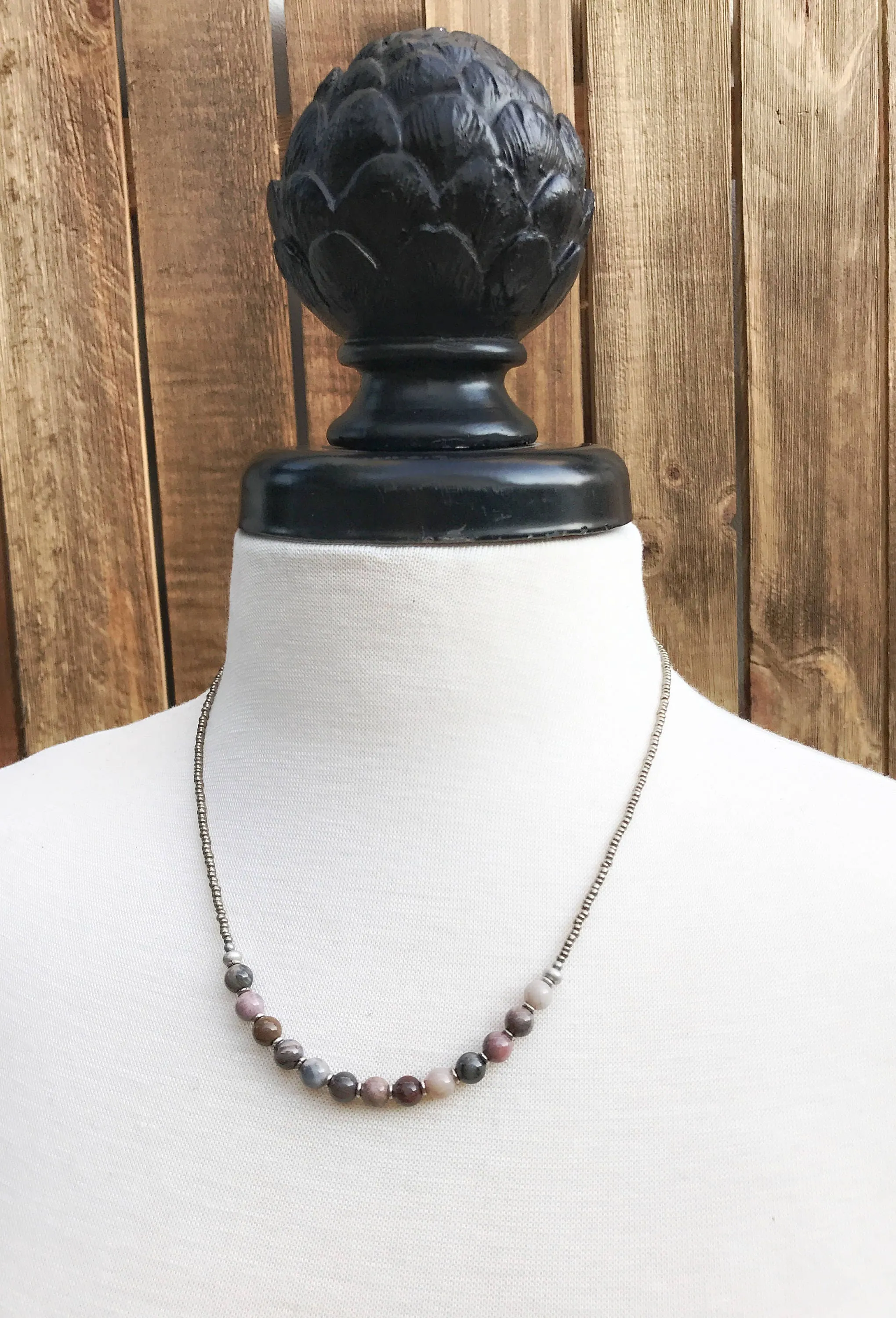 Petrified Wood Necklace, Boho Beaded Necklace, Petrified Wood Jewelry, Minimalist Necklace, Beaded Jewelry, Boho Jewelry