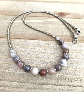 Petrified Wood Necklace, Boho Beaded Necklace, Petrified Wood Jewelry, Minimalist Necklace, Beaded Jewelry, Boho Jewelry