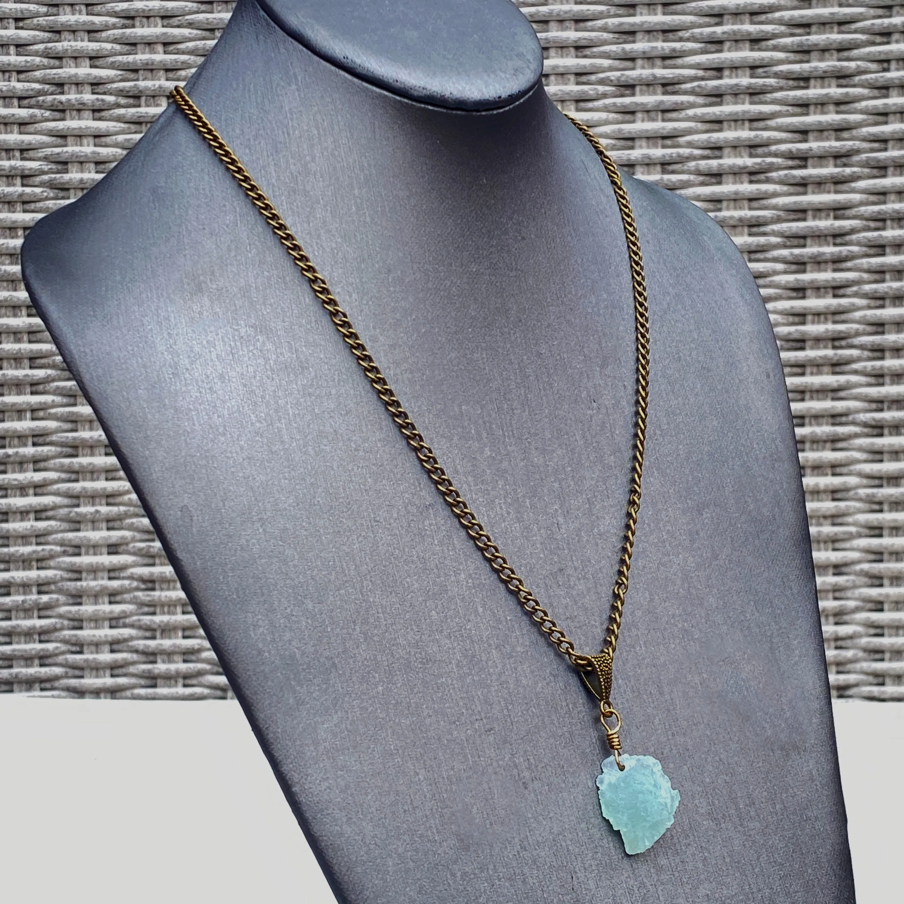 Raw Aquamarine gemstone on brass chain Necklace